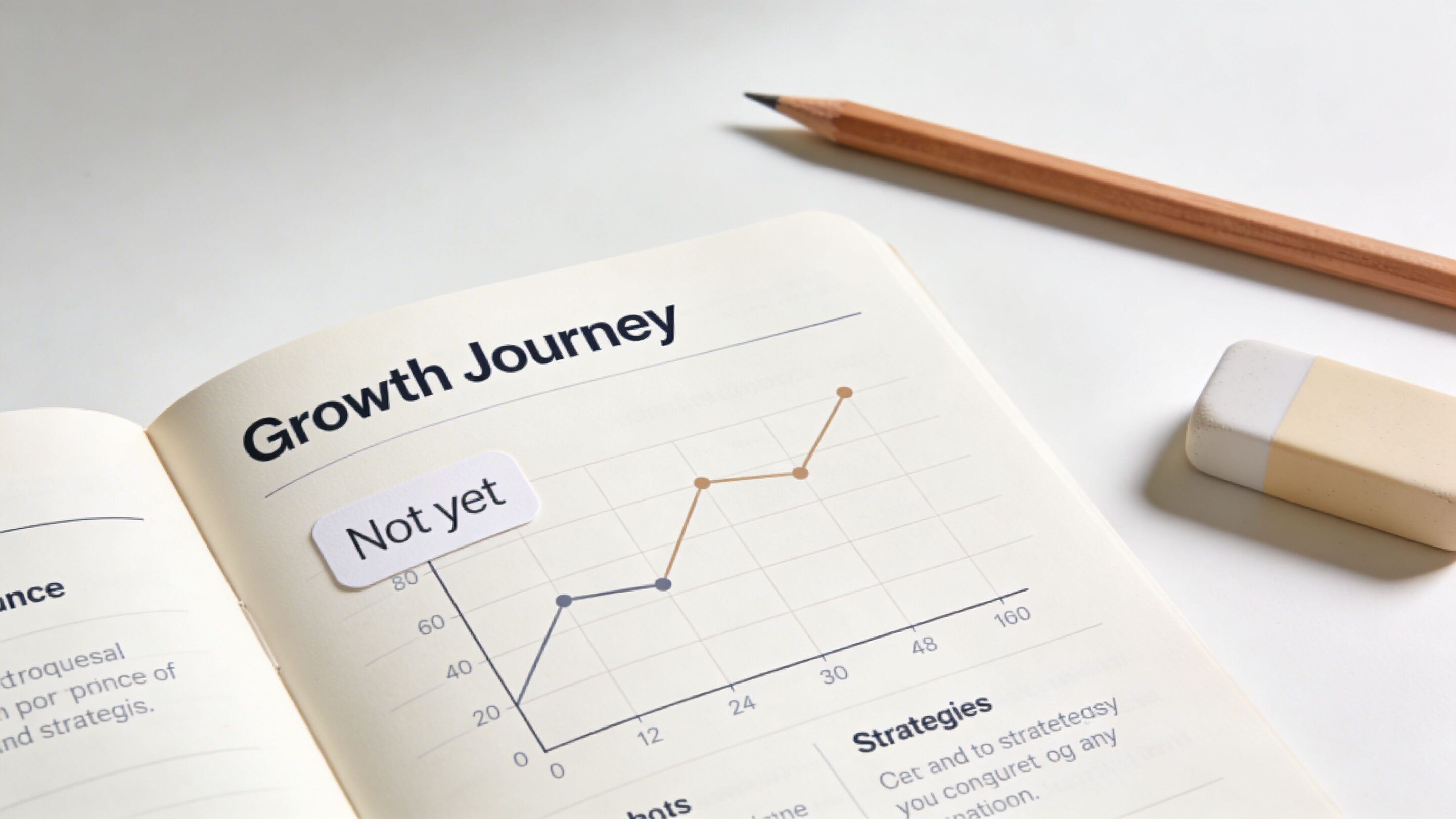 An open notebook showing a Growth Journey chart with a Not Yet sticky note and pencil.