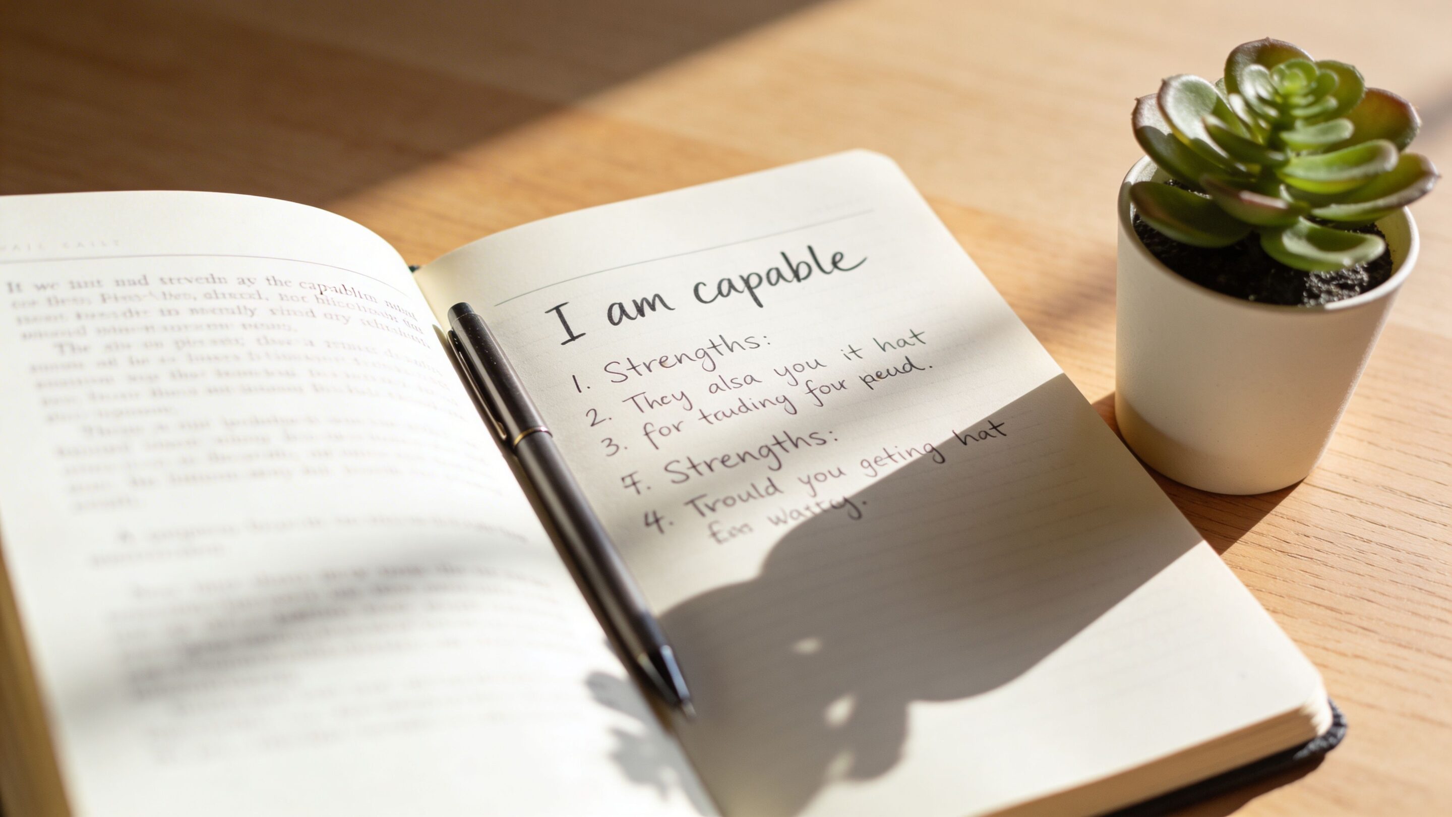 An open notebook with the words I am capable written at the top on a wooden desk.