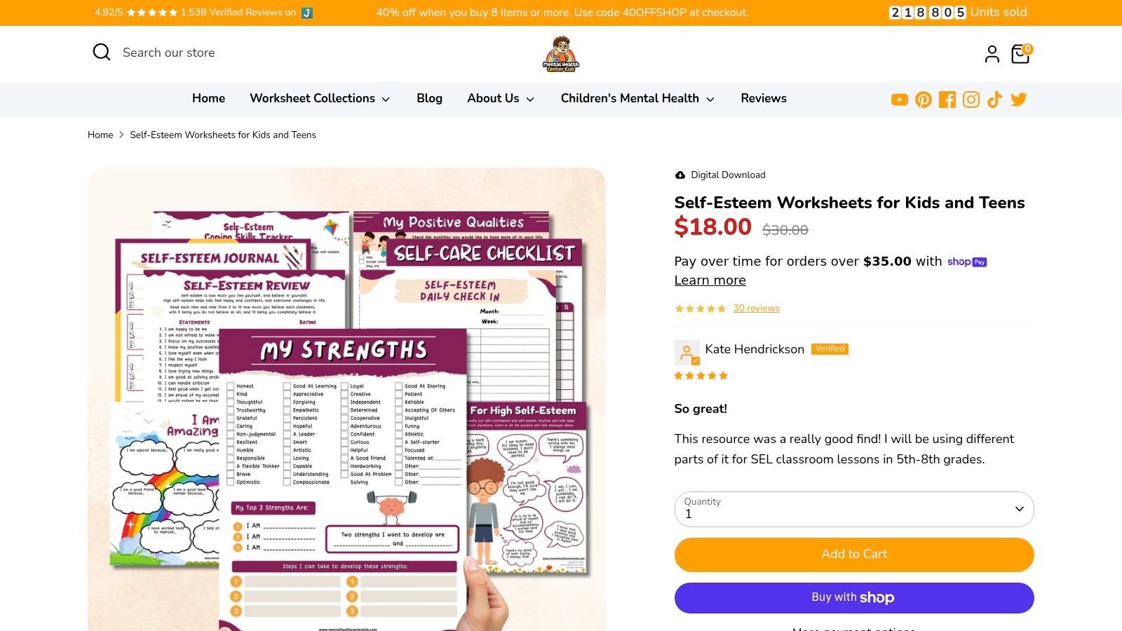 Mental Health Center Kids (Self-Esteem Worksheets for Kids & Teens – Bundle)