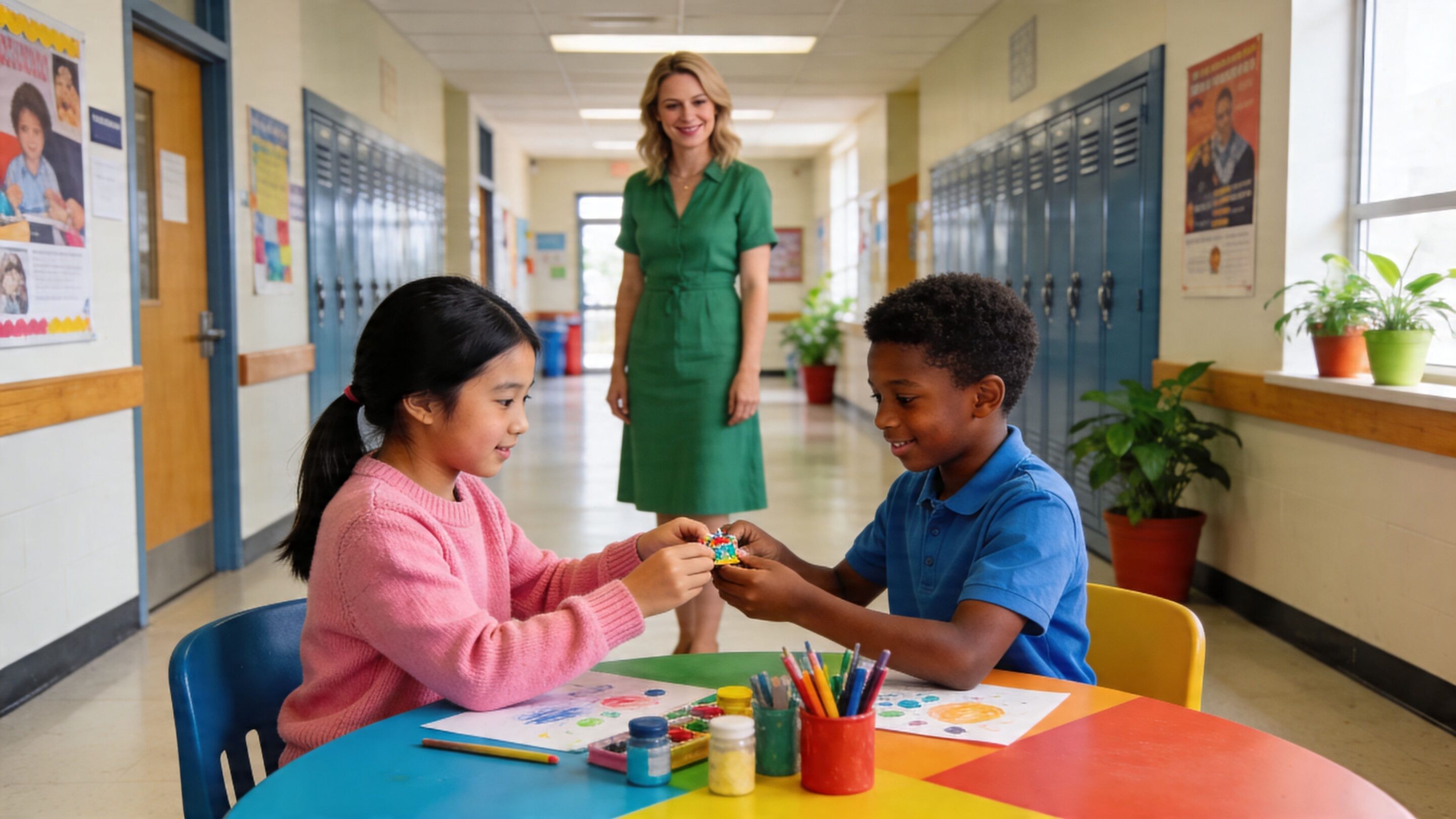 A teacher watches a young girl and boy working together on an art project in a classroom.