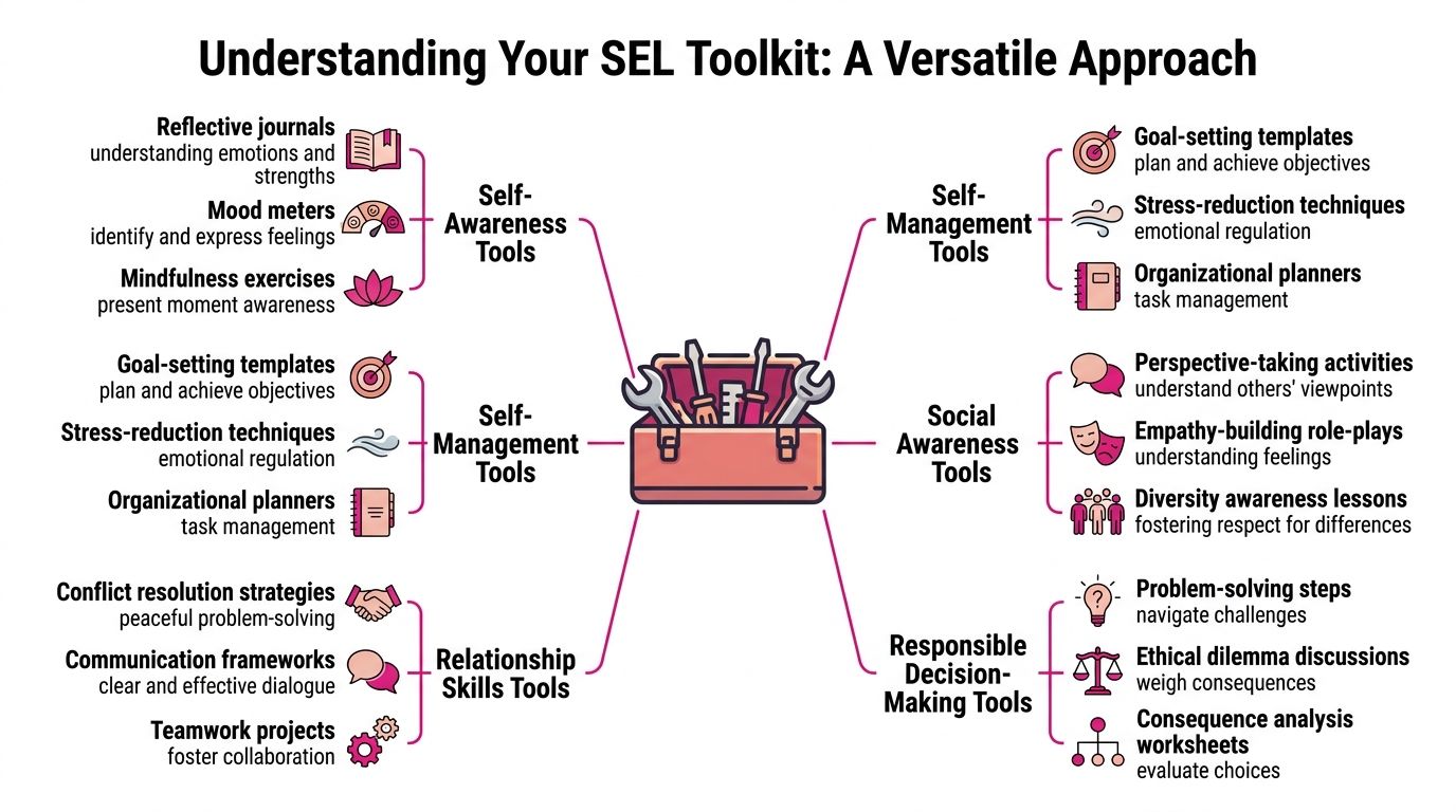 A diagram illustrating Social Emotional Learning tools categorized into awareness, management, relationship, and decision-making toolsets.