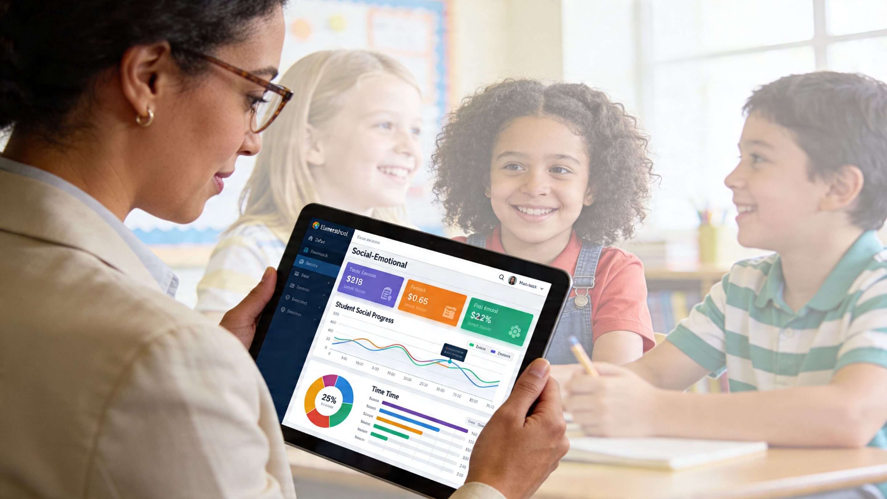 A teacher holds a tablet showing a social emotional learning analytics dashboard to young students in class.