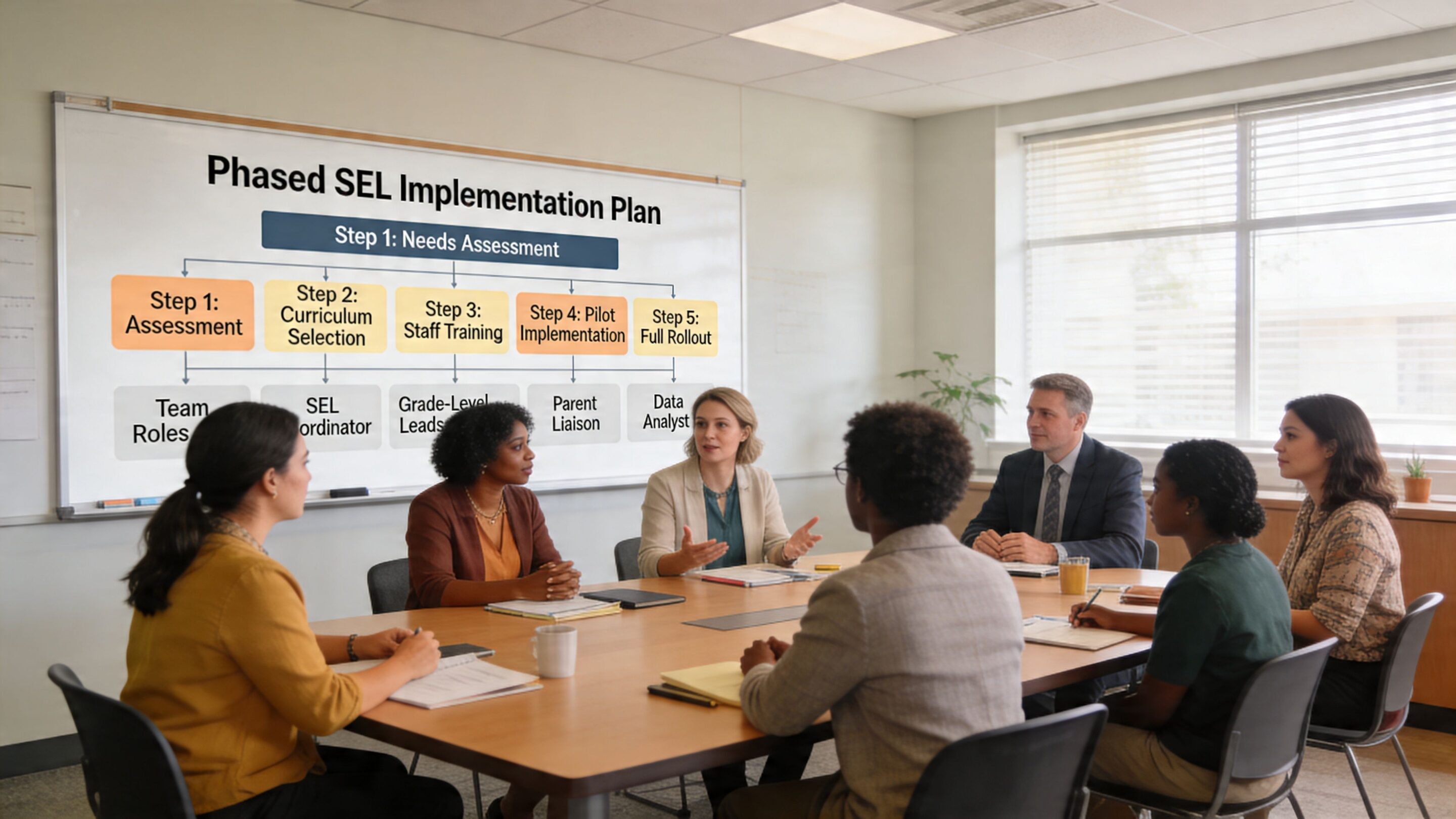 A professional team of educators sitting around a conference table discussing a social emotional learning implementation plan.
