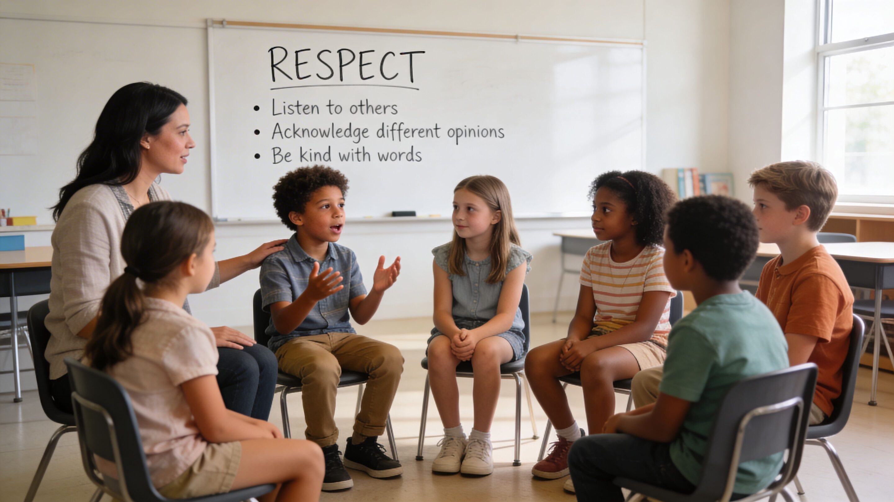 A teacher leads a respectful circle discussion with diverse elementary students in a bright classroom setting.