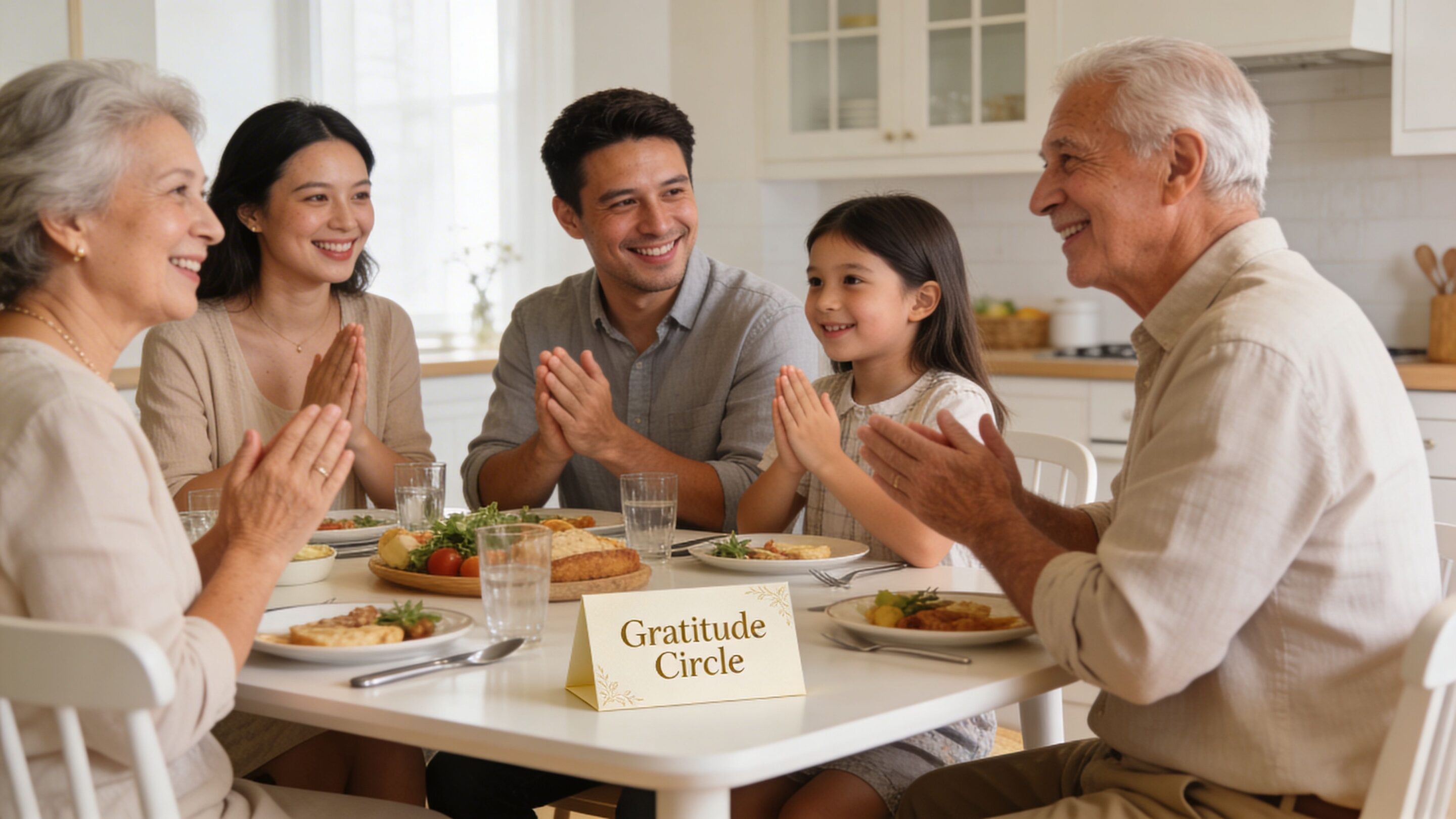 A happy multi-generational family sitting around a dining table during a gratitude circle moment together at home.