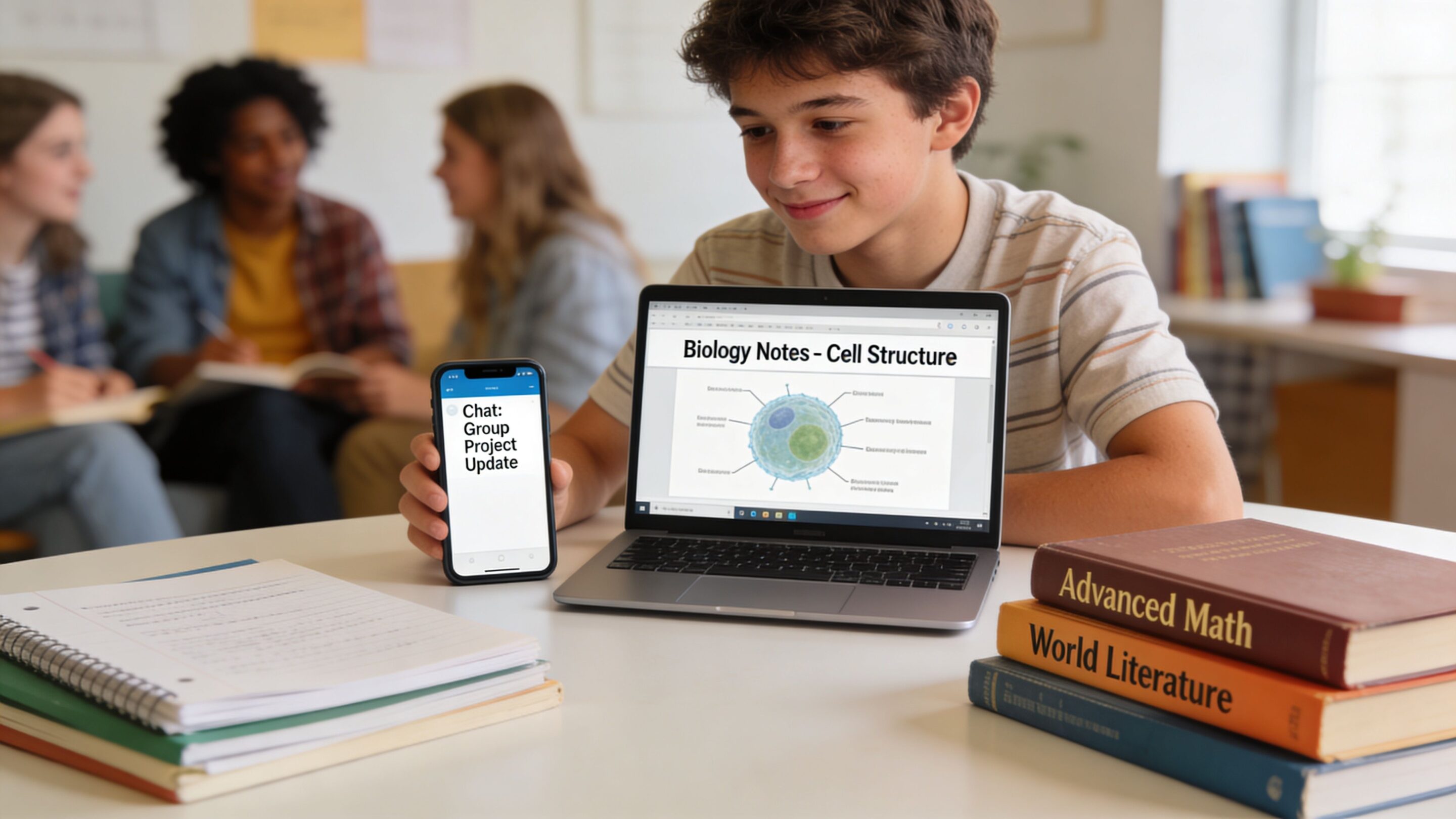 A student smiling at a laptop displaying biology notes while holding a smartphone with chat notifications.