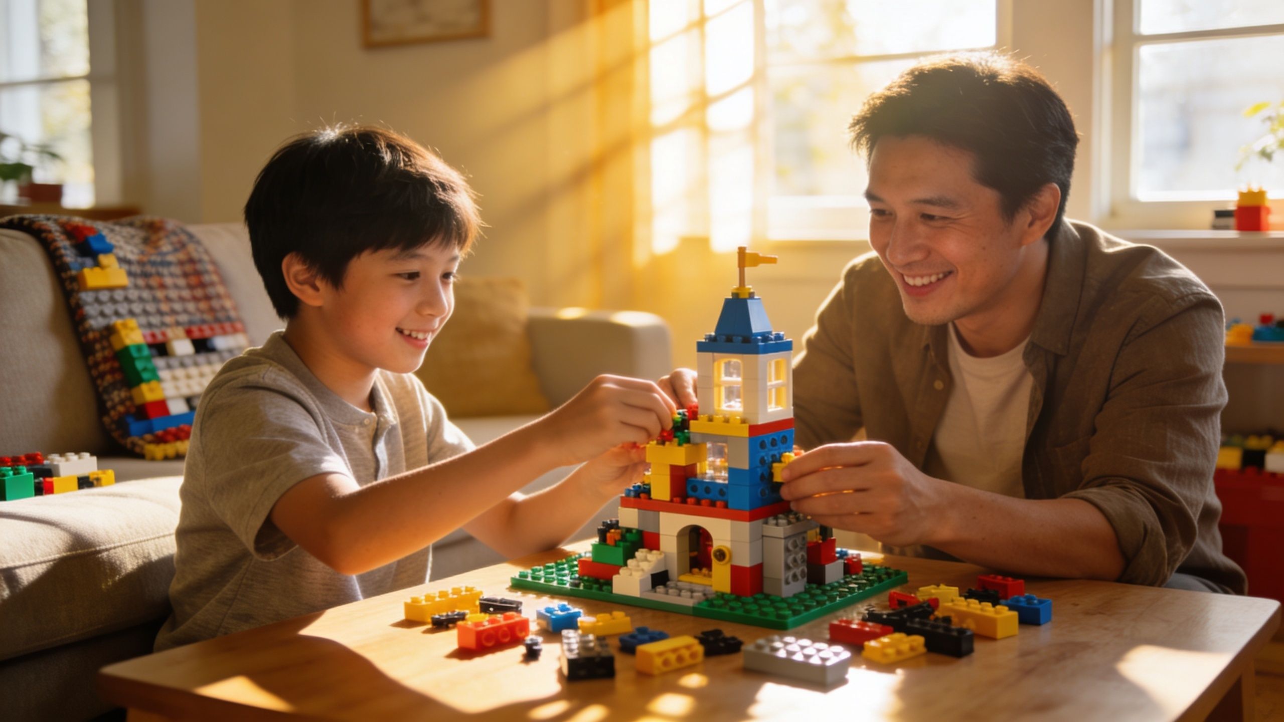 A smiling father and his young son bonding while playing with colorful building blocks at home.