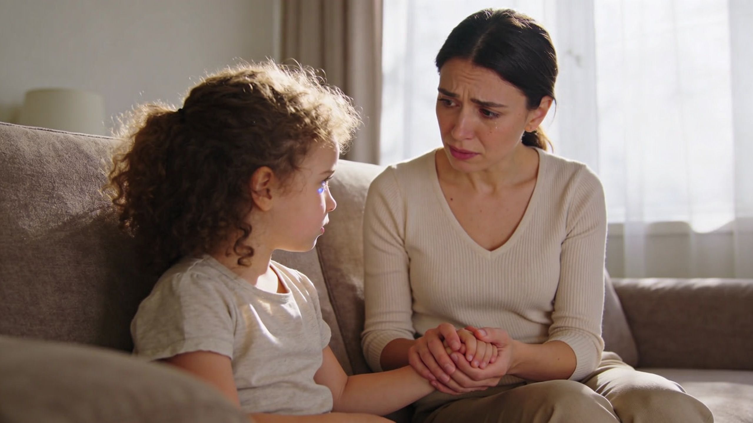 A concerned mother holding her young daughter's hands while sitting on a couch in a living room.
