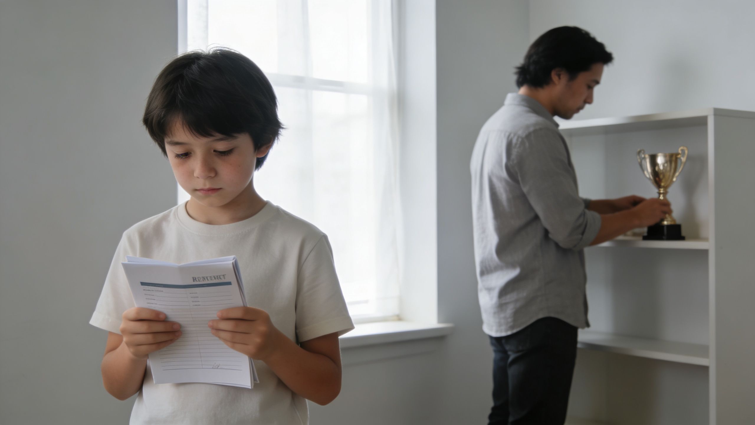 A sad child holds a report card while a disappointed father places a trophy on a shelf.
