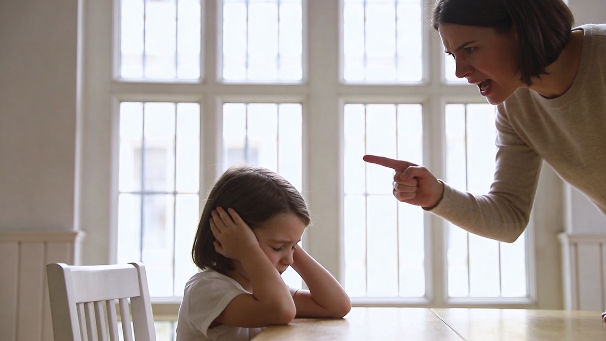 An angry mother points her finger and scolds her young daughter who is covering her ears.