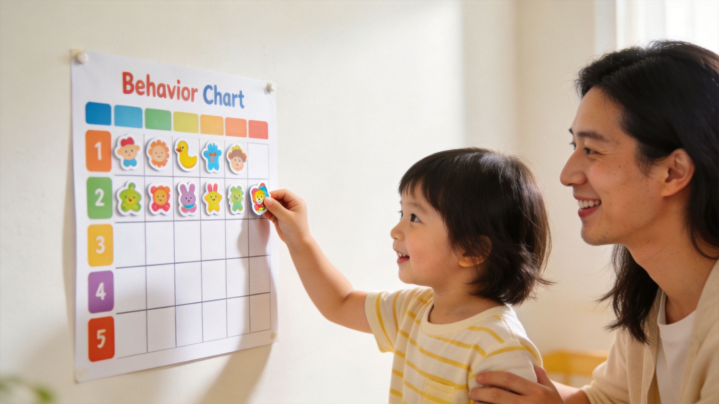 A young child smiling as they place a colorful sticker on a behavior chart with a parent's support.