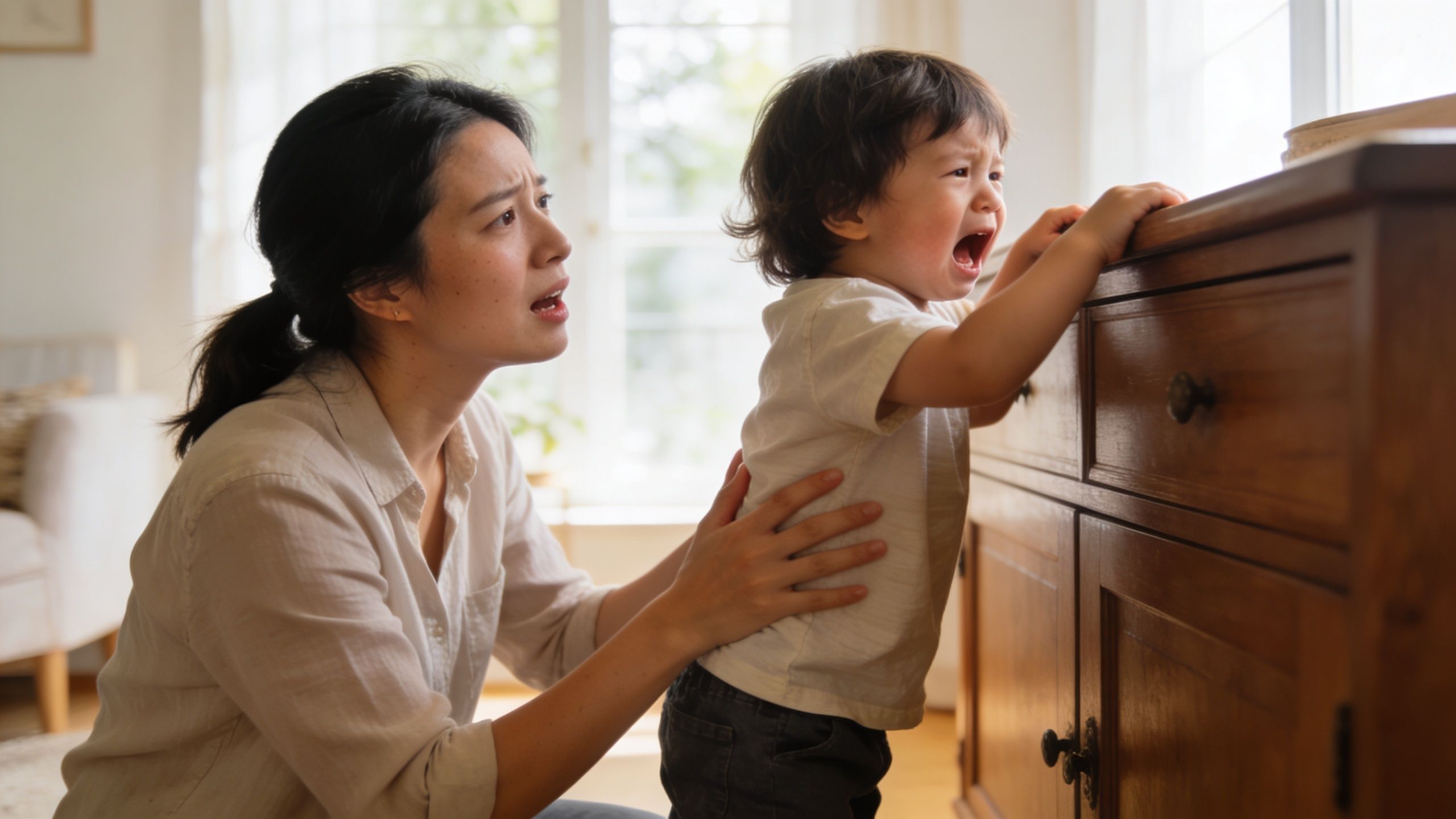 A concerned mother comforting her crying young toddler who is standing by a wooden dresser indoors.