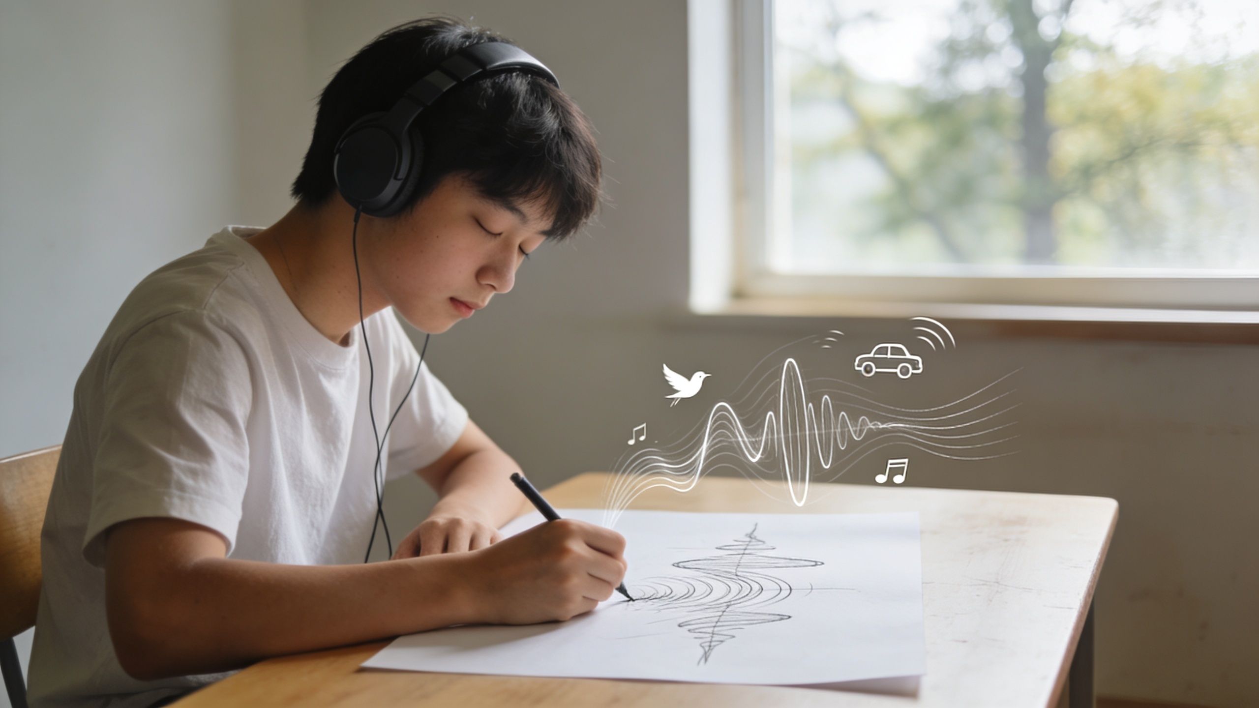 A young boy wearing headphones drawing sound wave illustrations on paper at a wooden desk.
