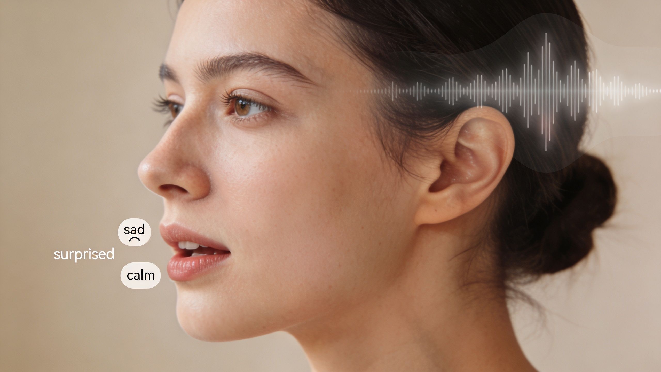 A woman's profile is shown with sound wave graphics and emotion labels representing speech and listening perception.