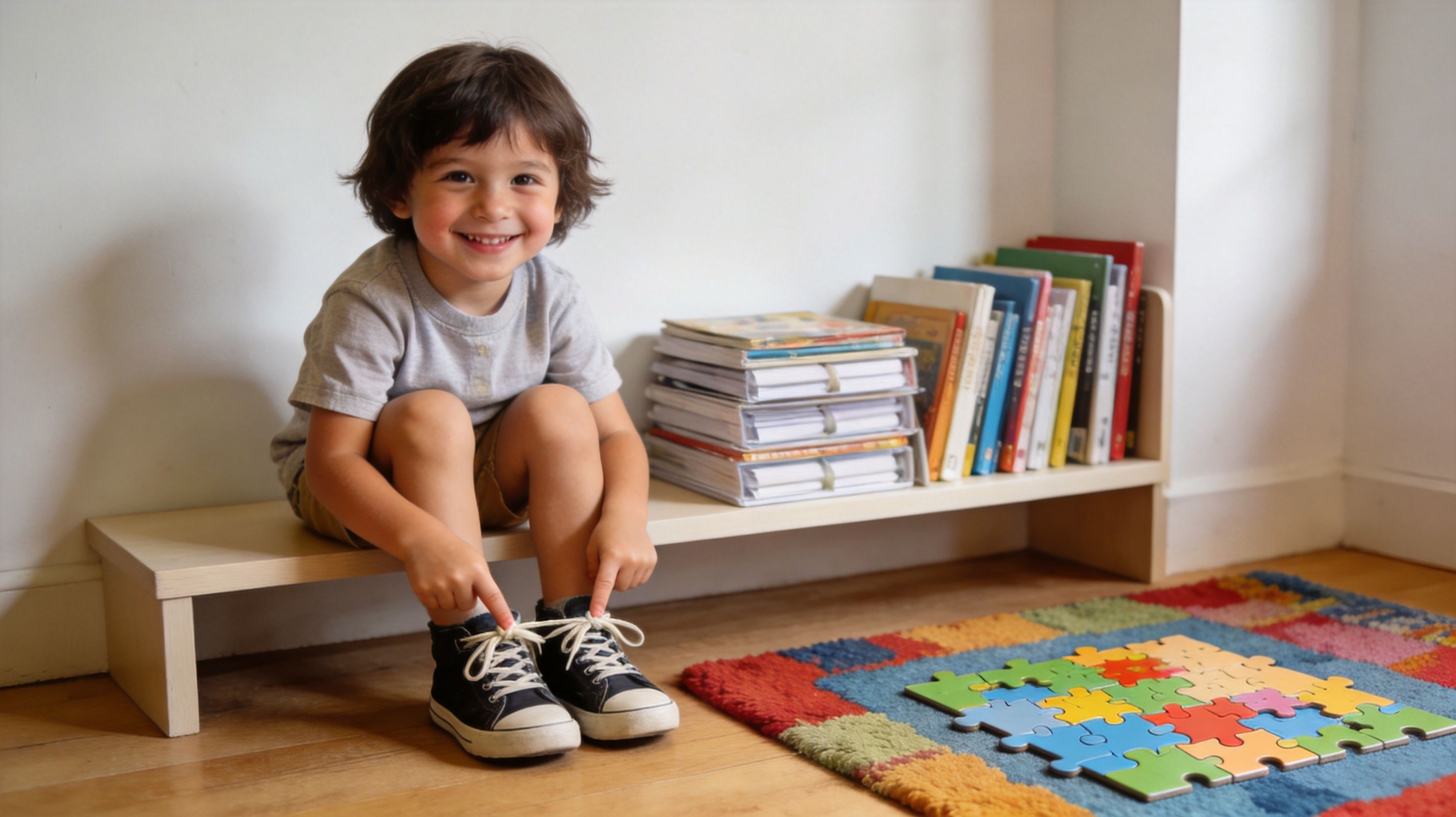 A happy young child sits on a wooden shelf, practicing tying their black high-top sneakers.