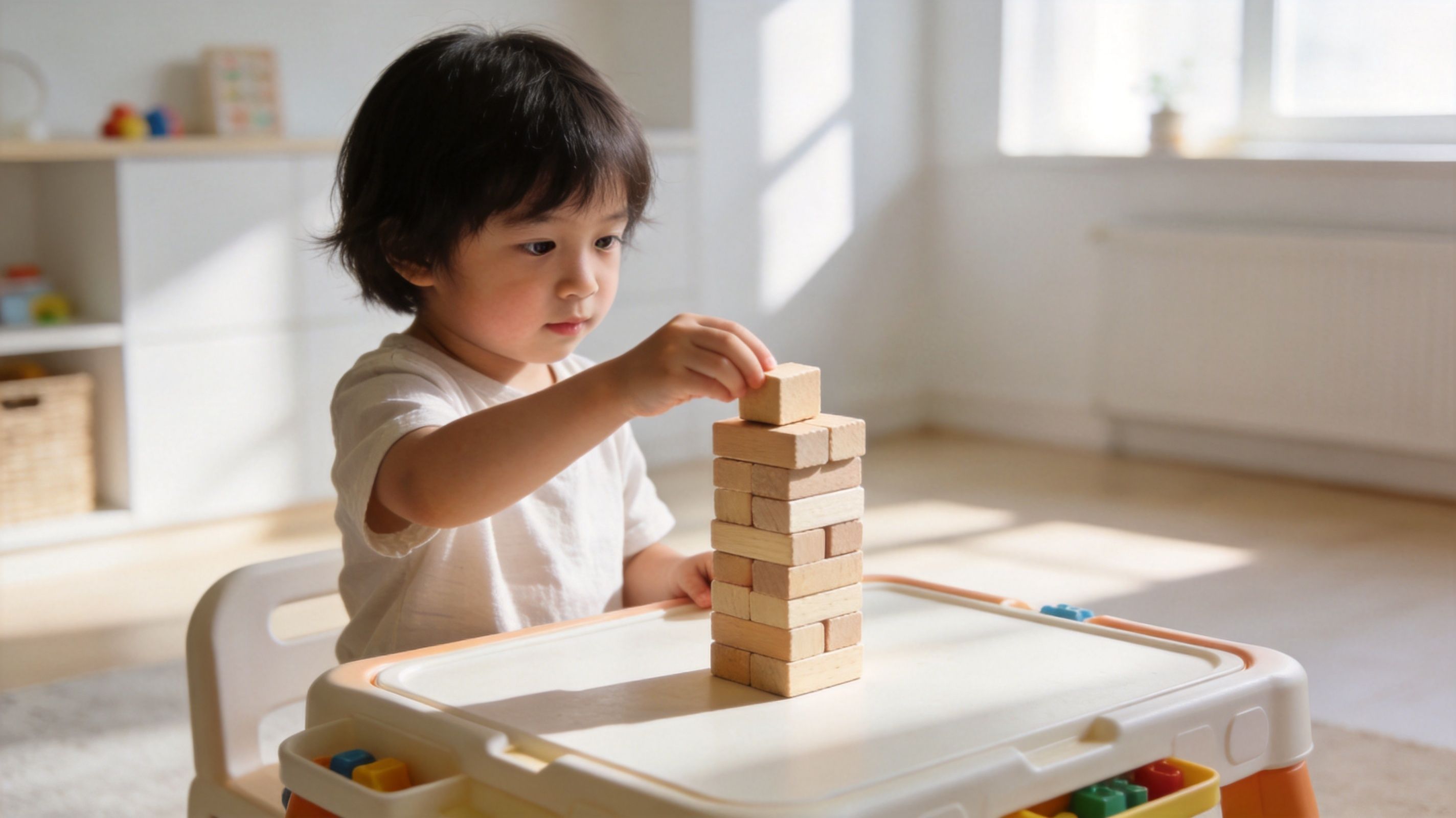 A young Asian child sitting at a table carefully stacking wooden blocks to practice developmental skills.