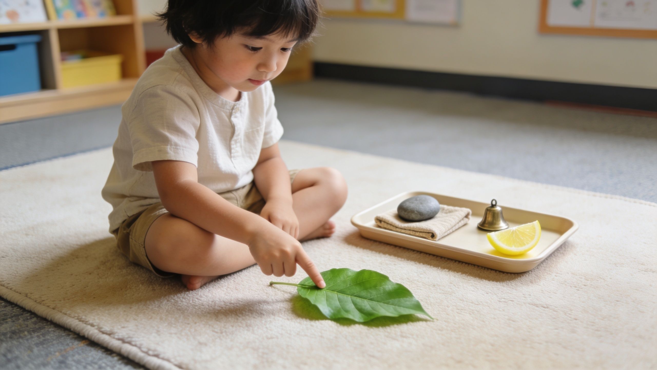 A young child sitting on a carpet touching a green leaf as part of sensory grounding techniques.