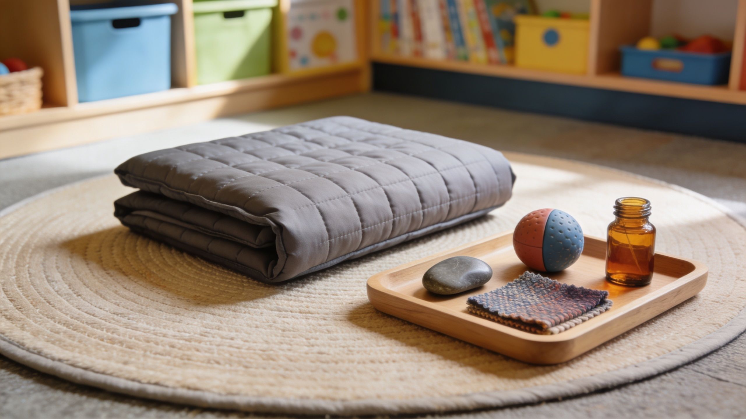 A gray quilted blanket on a rug with a sensory tray containing a rock, ball, fabric, and bottle.