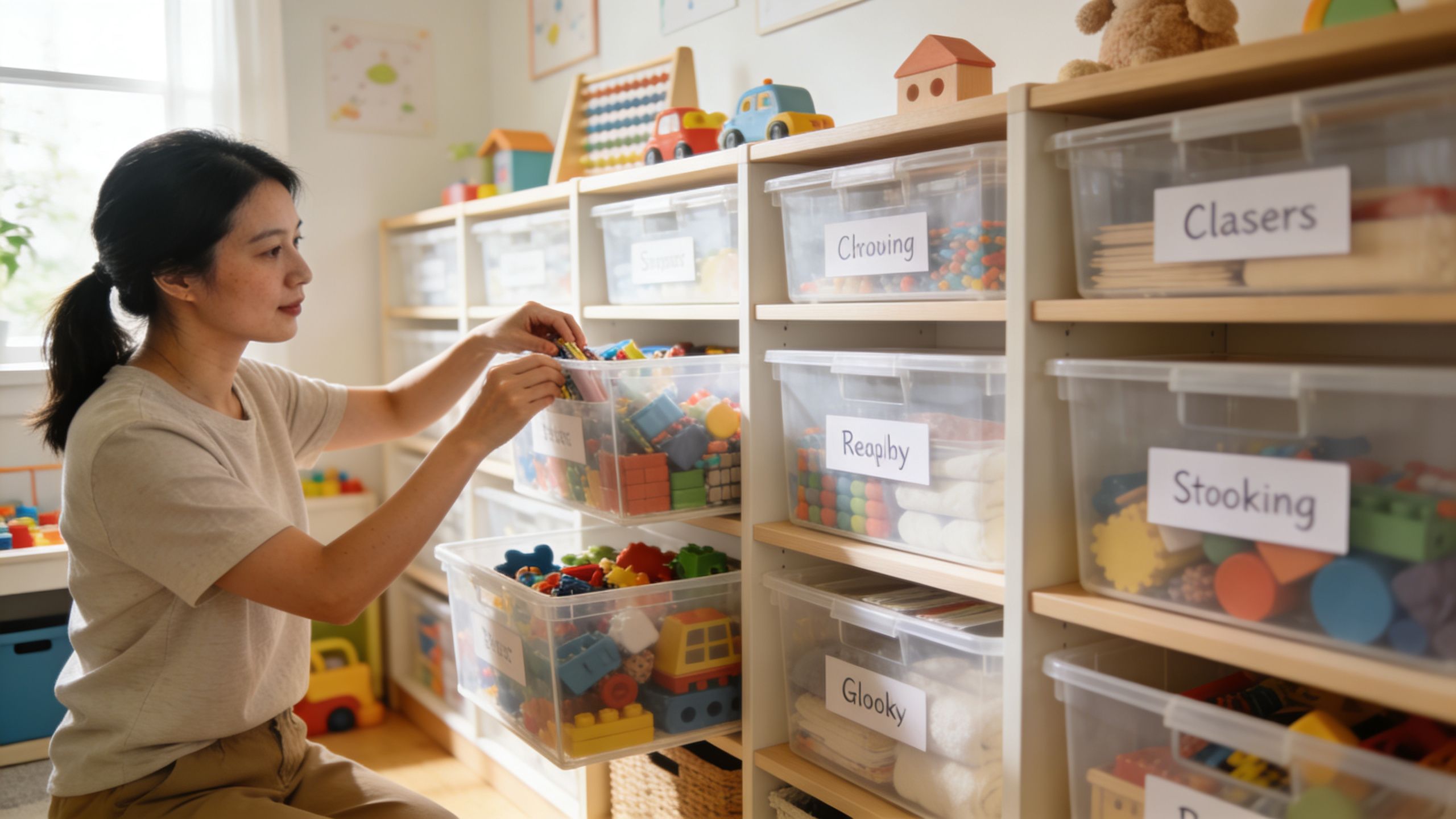 A woman organizing colorful building blocks into clear labeled storage bins in a tidy playroom.