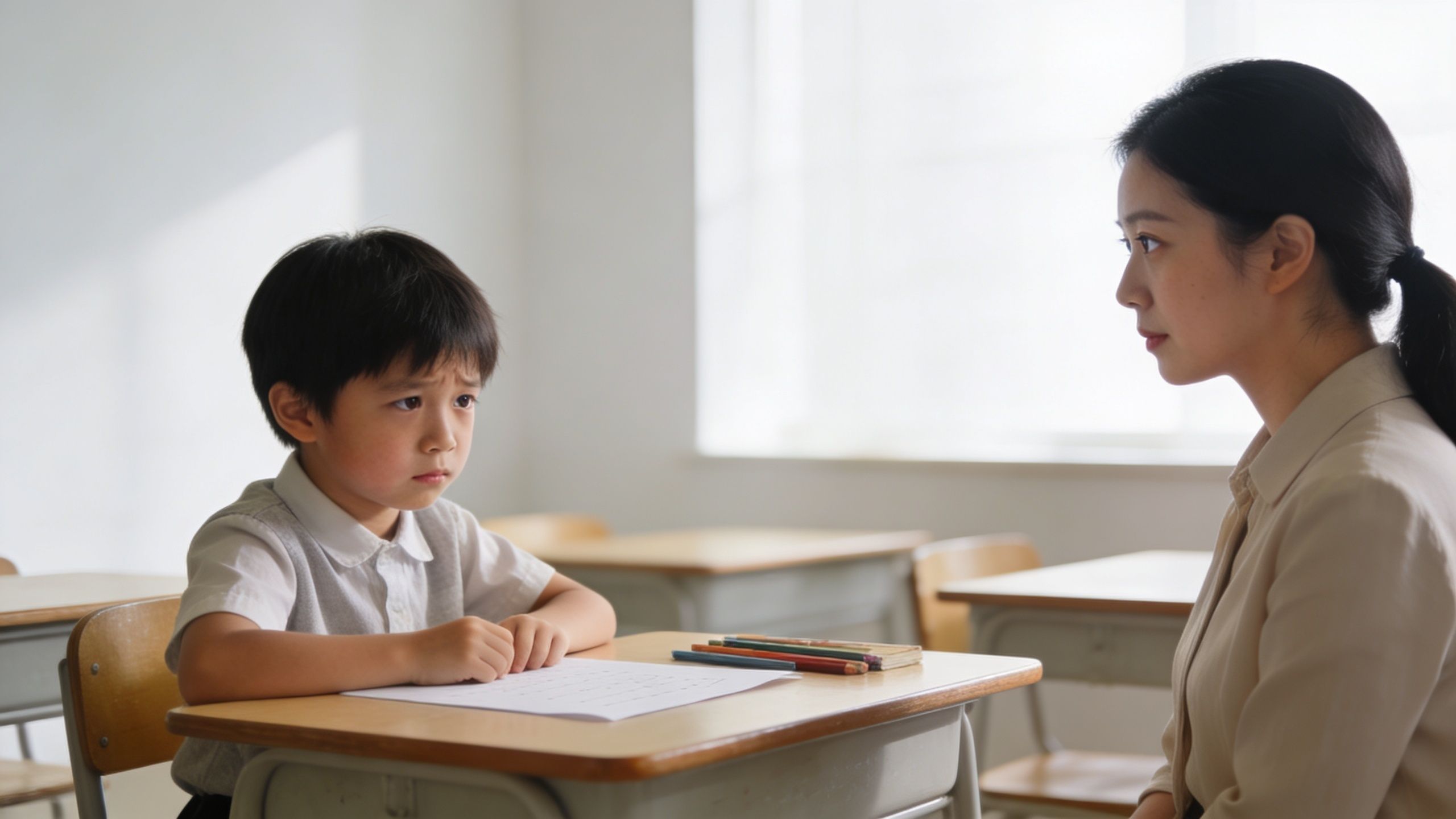 A concerned young boy sitting at a school desk looking at his teacher during a private lesson.
