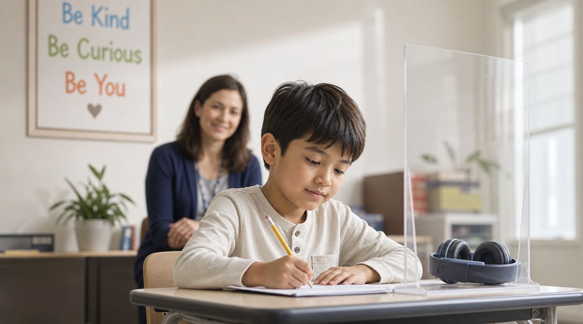 A young boy writing at his school desk with a teacher observing in the background.