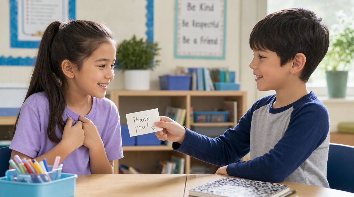 A young girl receives a thank you card from a boy while sitting at a classroom desk.
