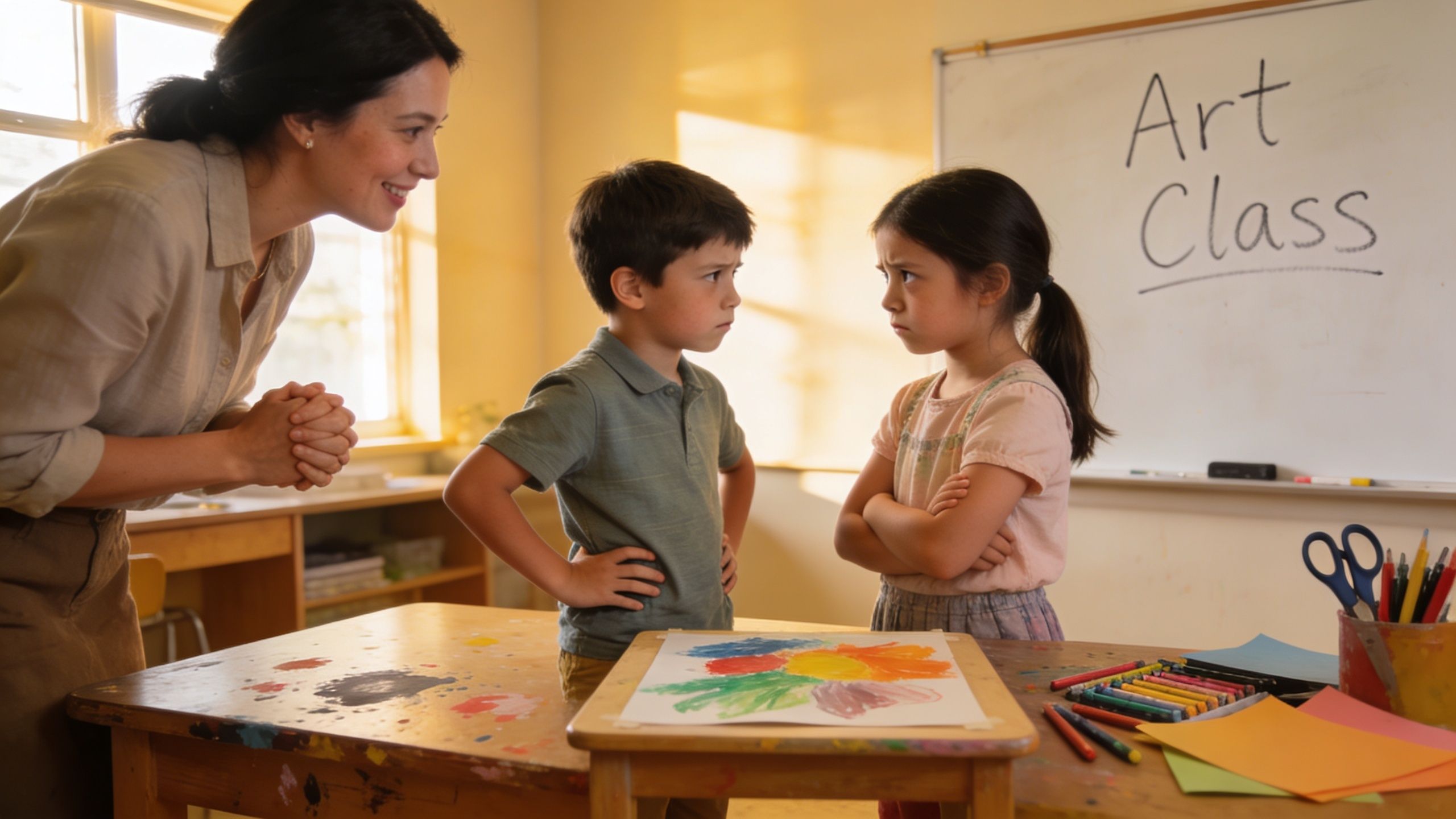 A teacher watches two young students in an art classroom while they look at each other intensely.