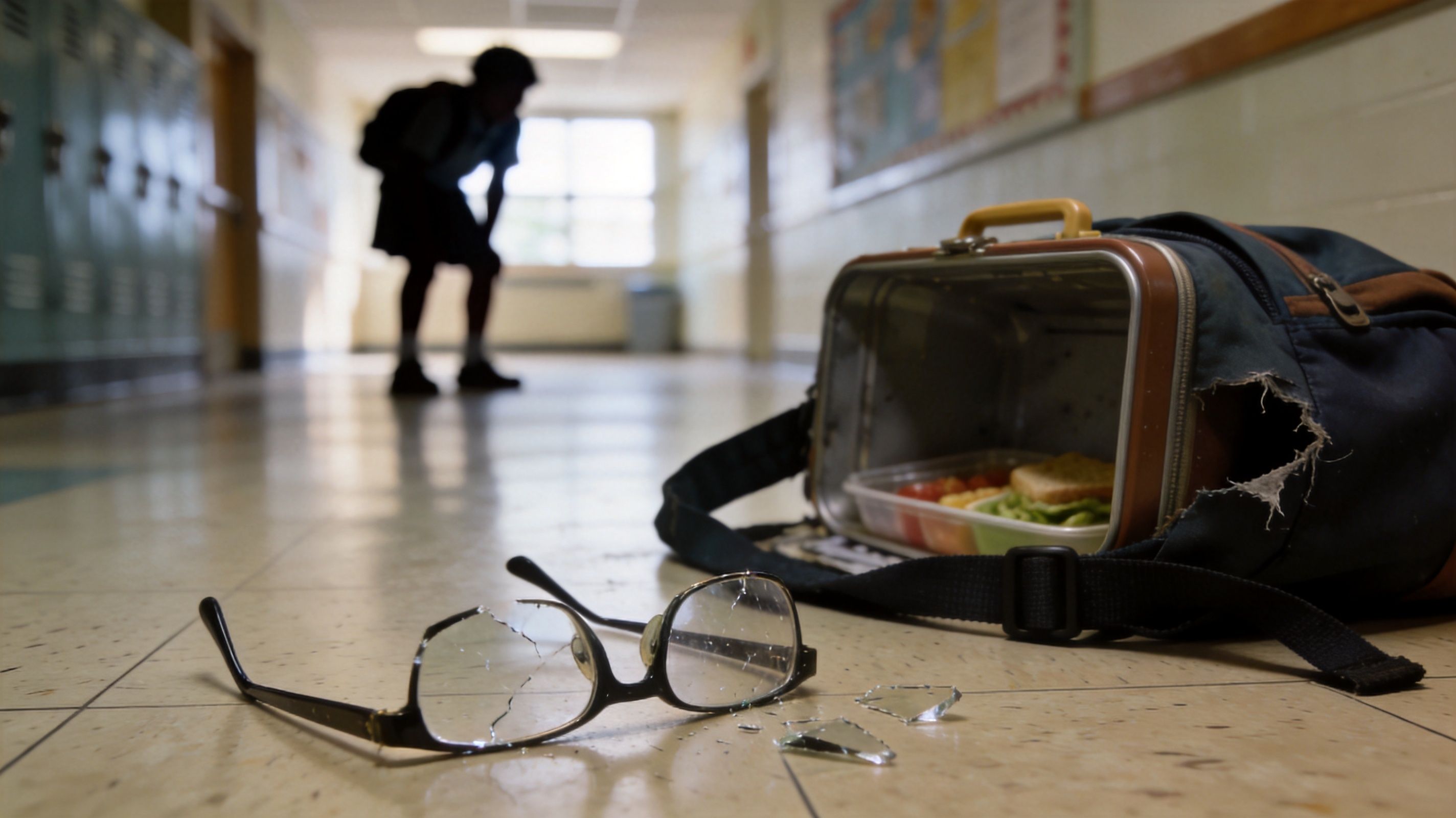Broken eyeglasses and a spilled lunch bag on a school floor with a student in the background.