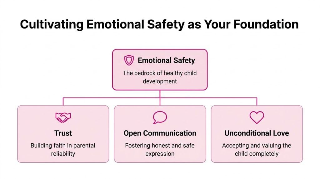 A diagram illustrating emotional safety as the foundation for healthy child development with trust, communication, and love.