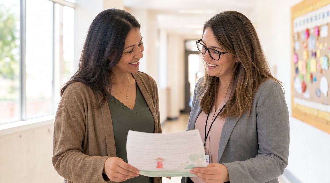 A smiling mother and female teacher reviewing a child's school drawing together in a bright hallway.