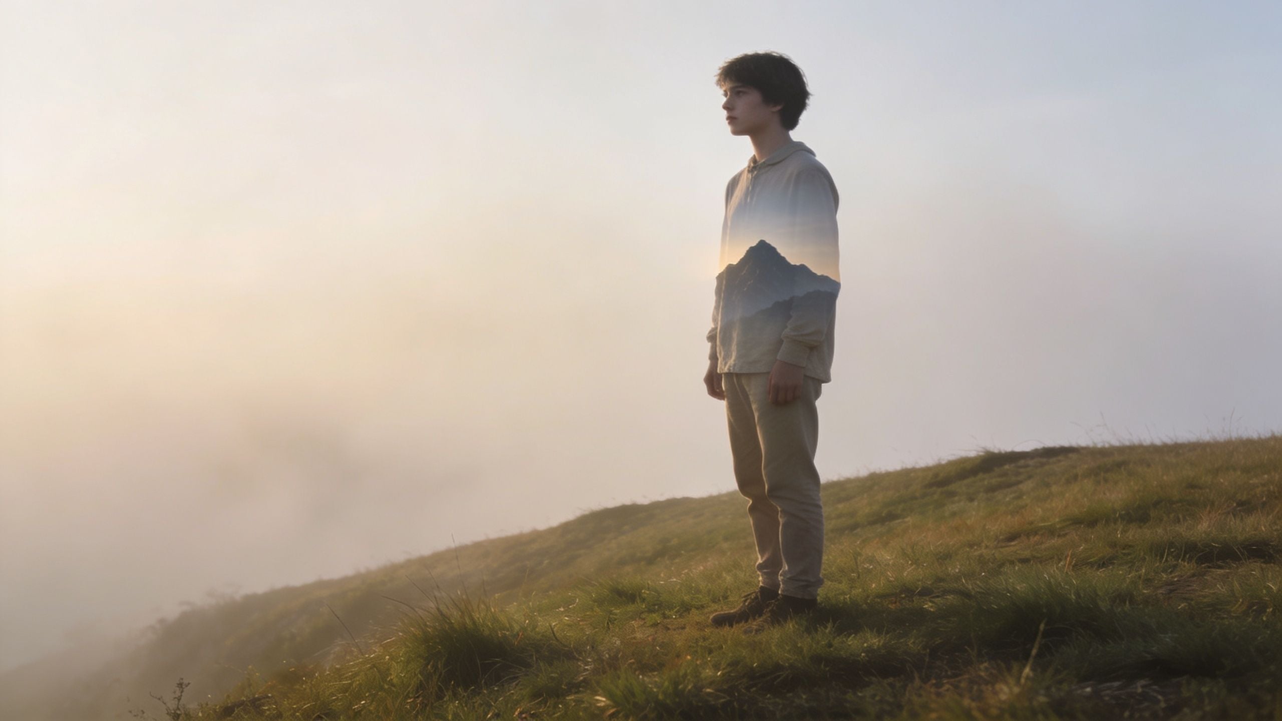 A young man standing on a grassy hill, with a double exposure of mountains over his torso.
