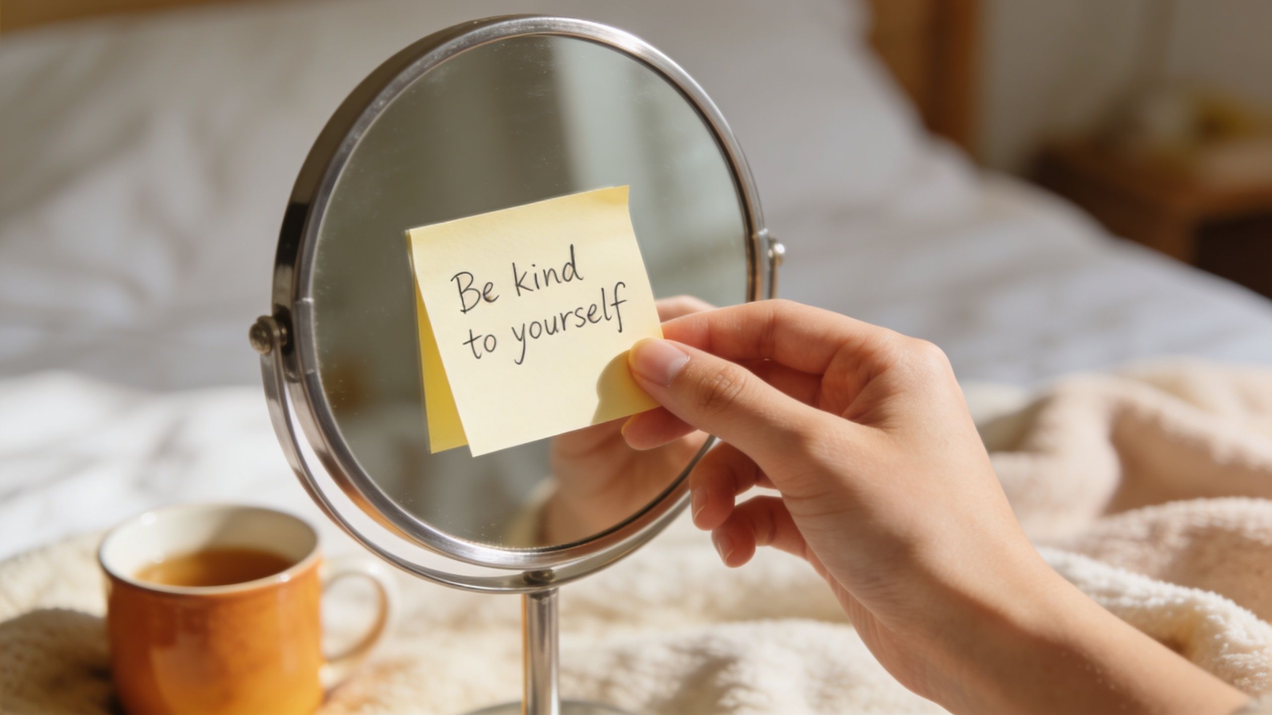 A hand holding a yellow sticky note with the text Be kind to yourself against a mirror.