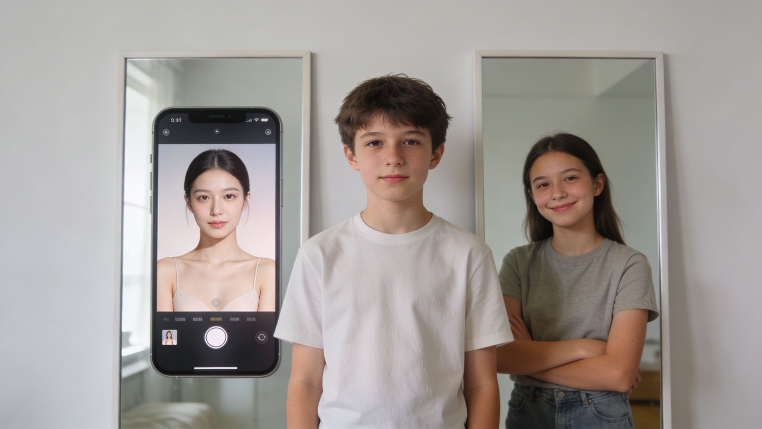 A young boy and girl standing in front of two mirrors, one displaying a phone camera interface.