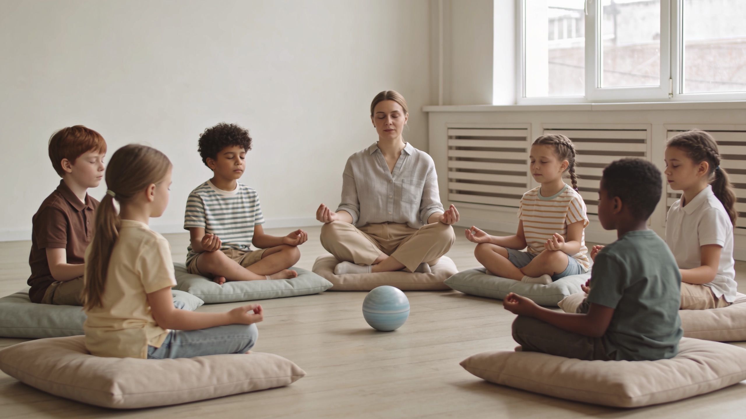 A teacher and a group of diverse children sit in a circle meditating on cushions in a classroom.