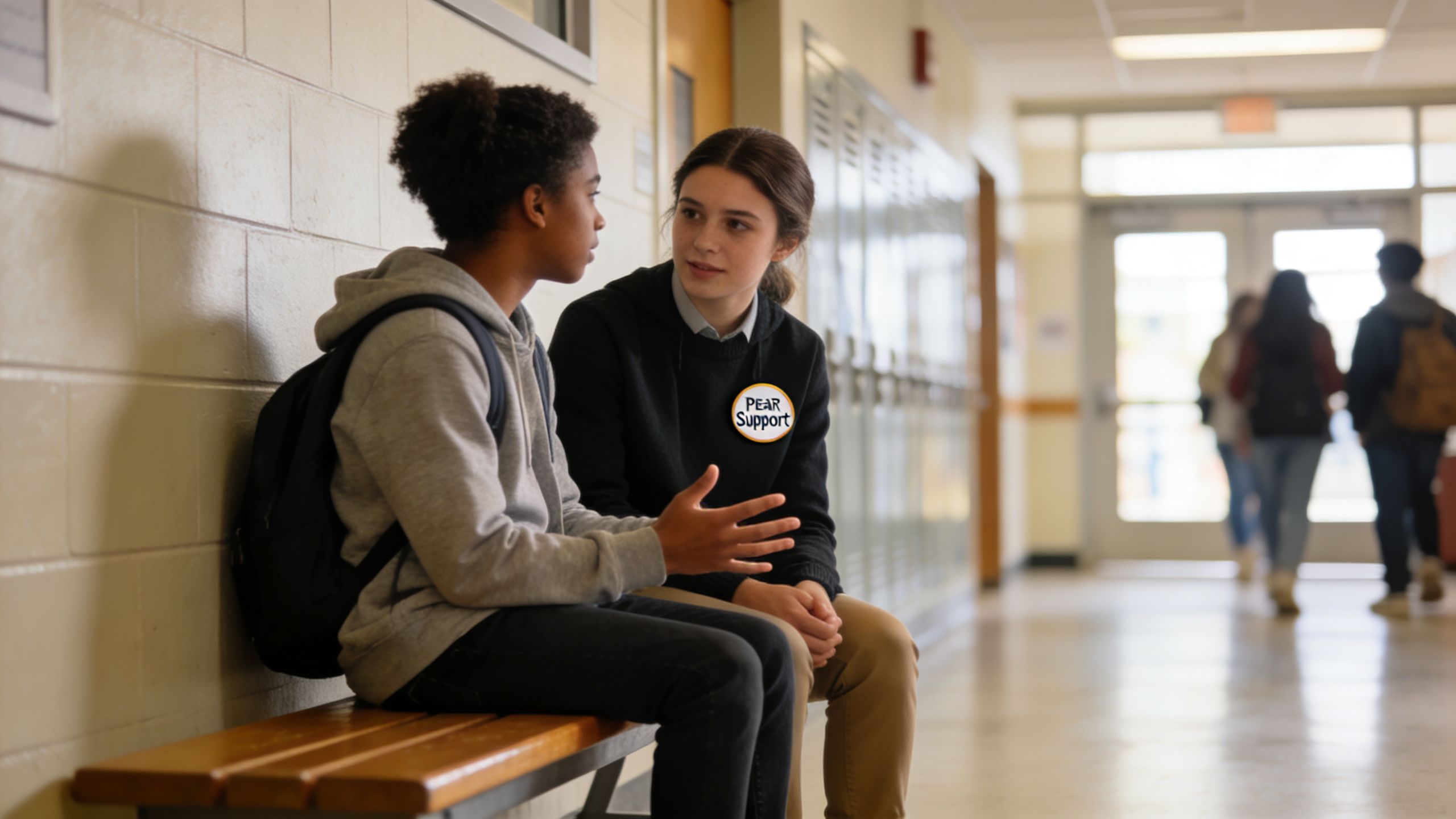 A student in a grey hoodie talks to a peer support counselor in a school hallway.