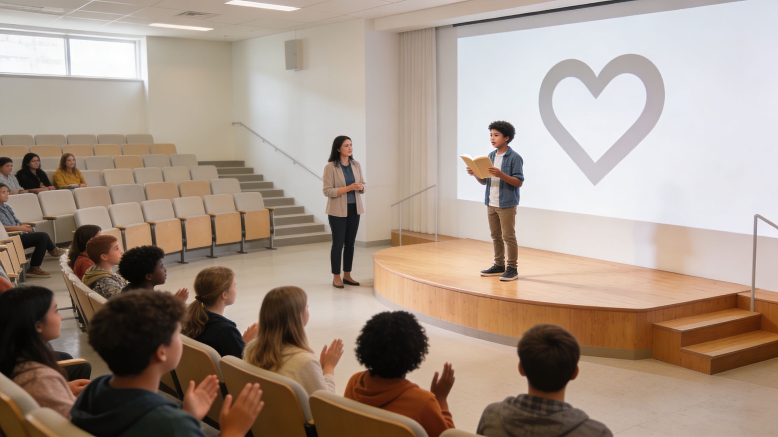 A student standing on a school stage reading from a book before an audience of classmates