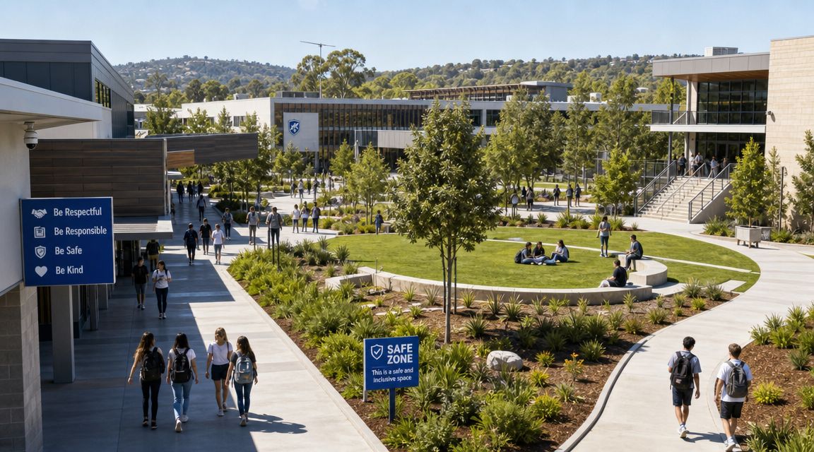 Students walking on a modern school campus featuring safety signs and green space for inclusive learning.