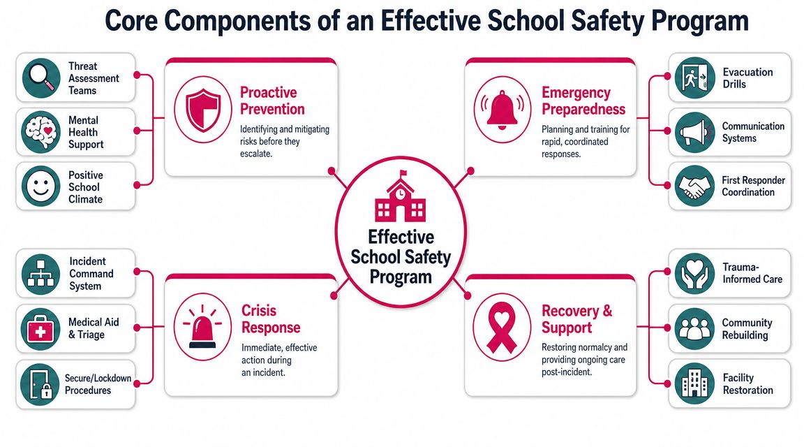 A diagram outlining the four core components of an effective school safety program, including prevention and response.