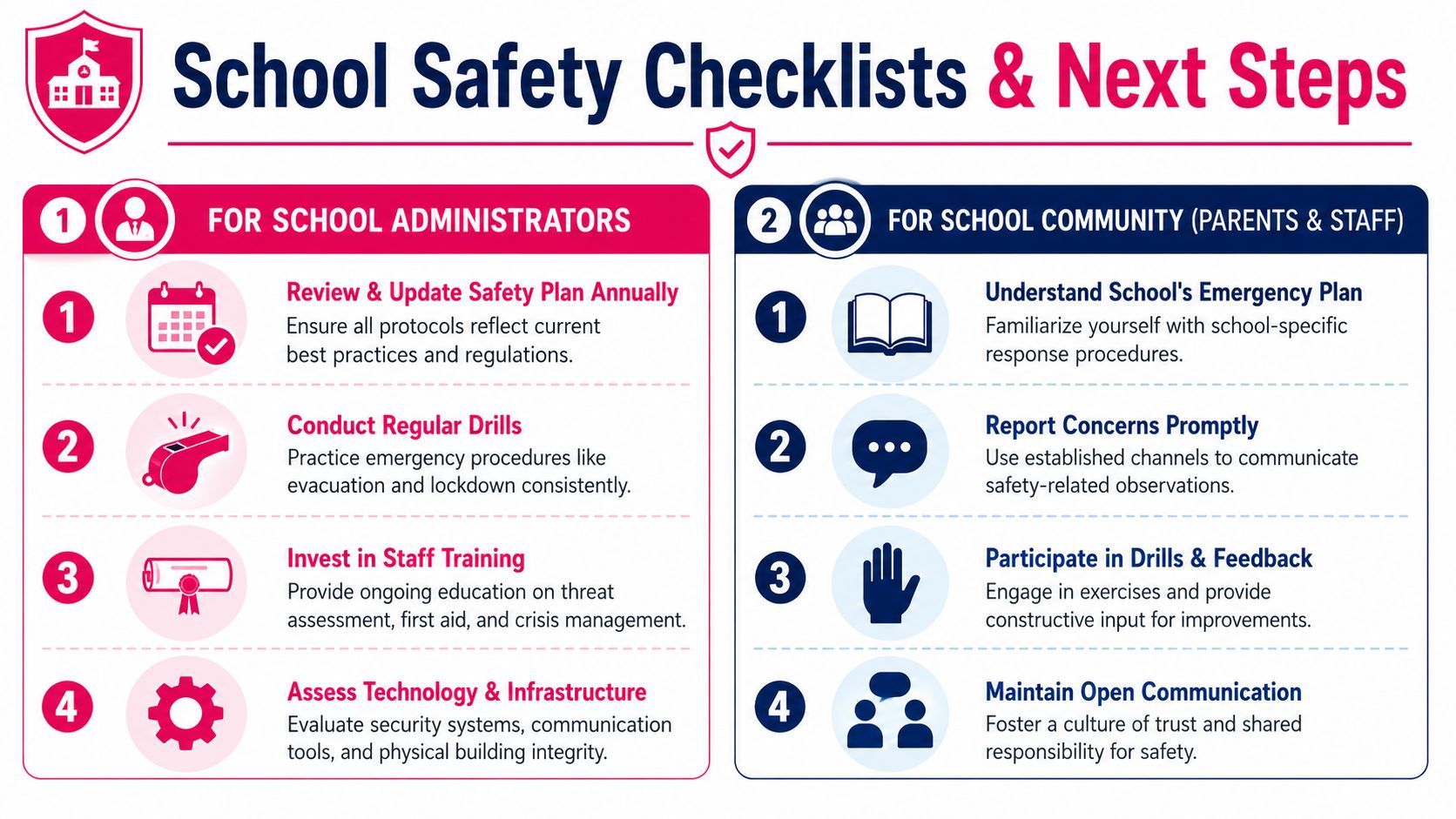 An infographic detailing safety checklists for school administrators and parents, including training, drills, and emergency plans.