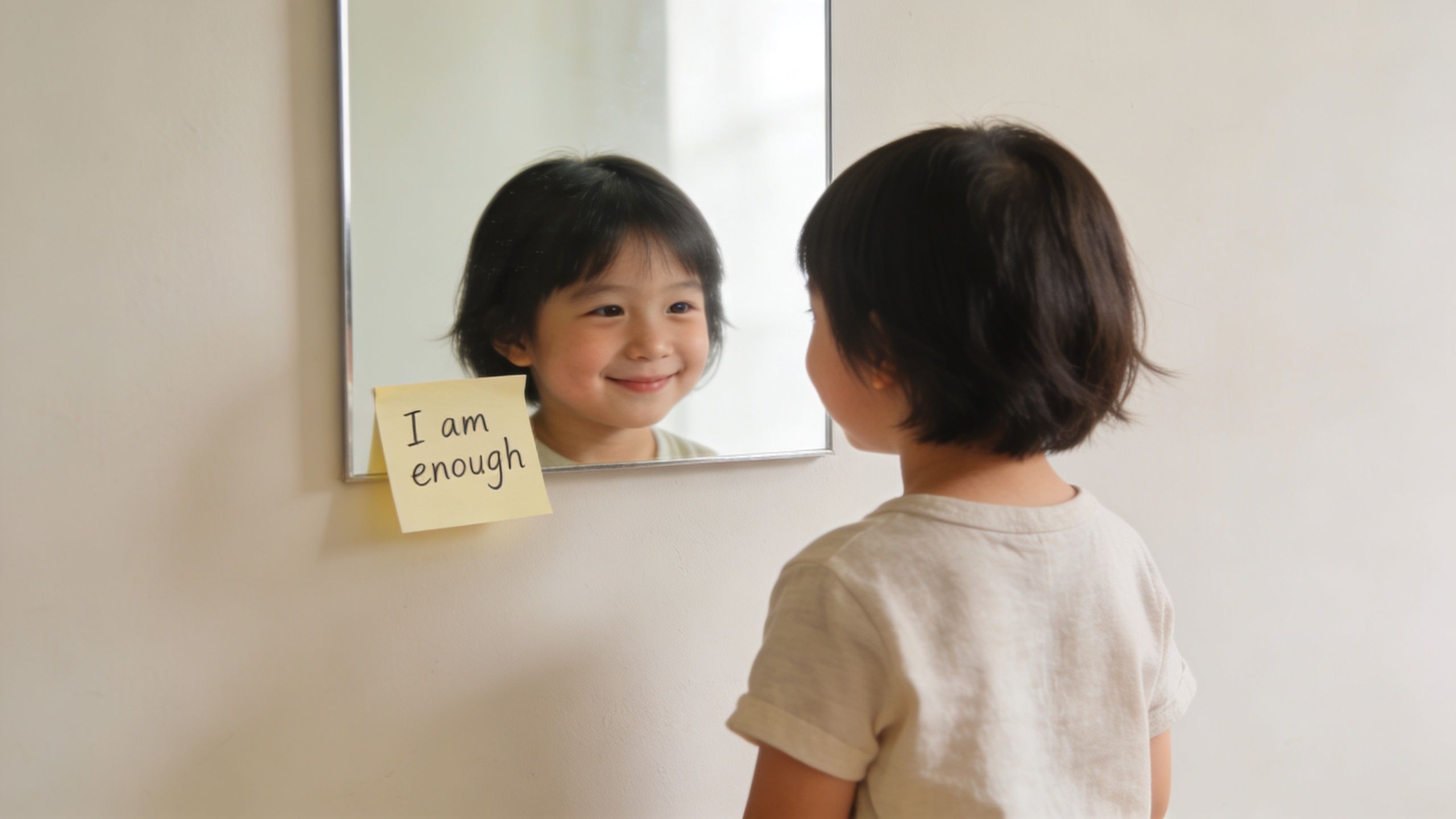 A young child smiling at their own reflection in a mirror with an I am enough sticky note.