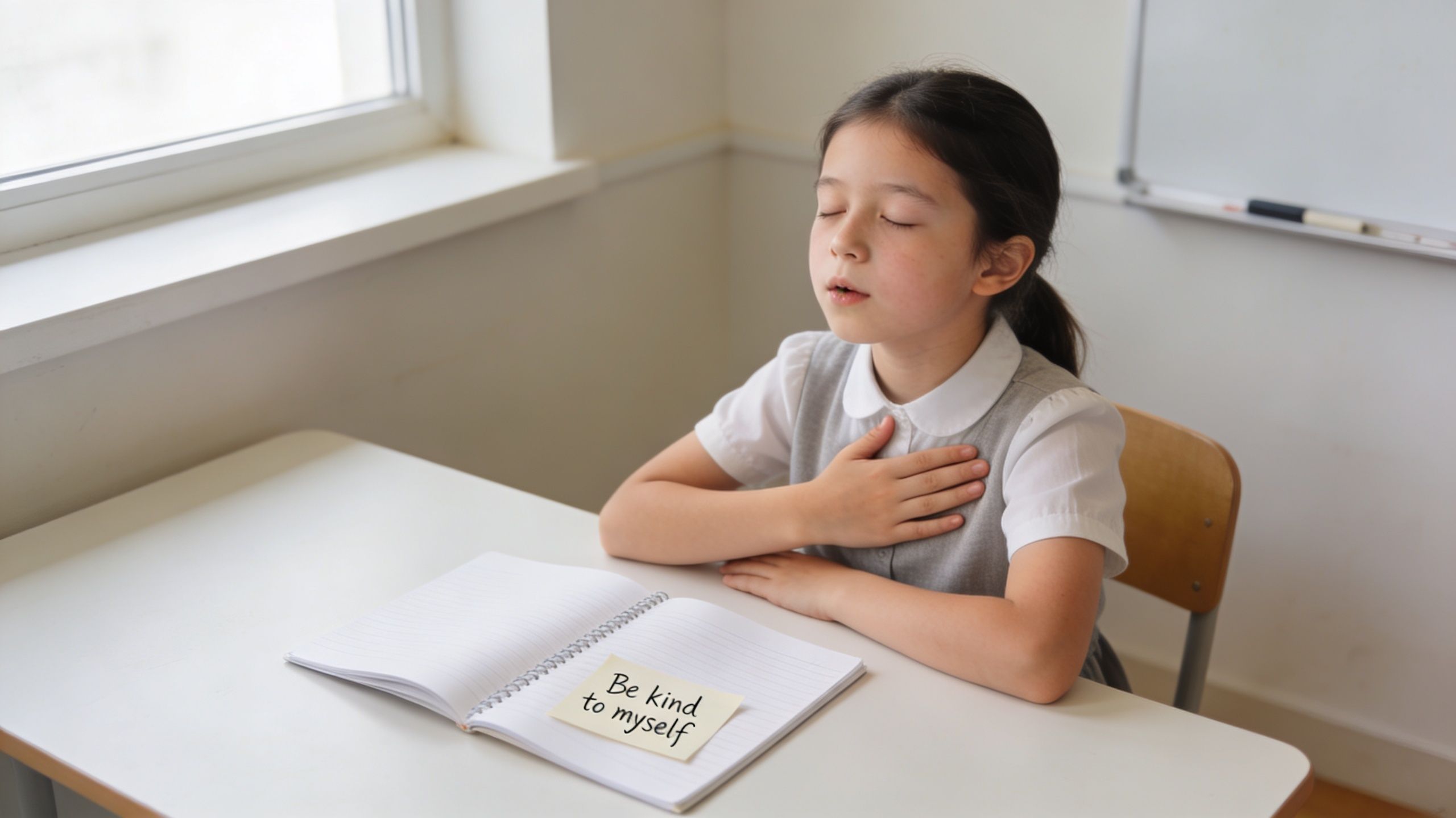 A young girl sitting at a school desk with her hand over her heart, practicing self-love.