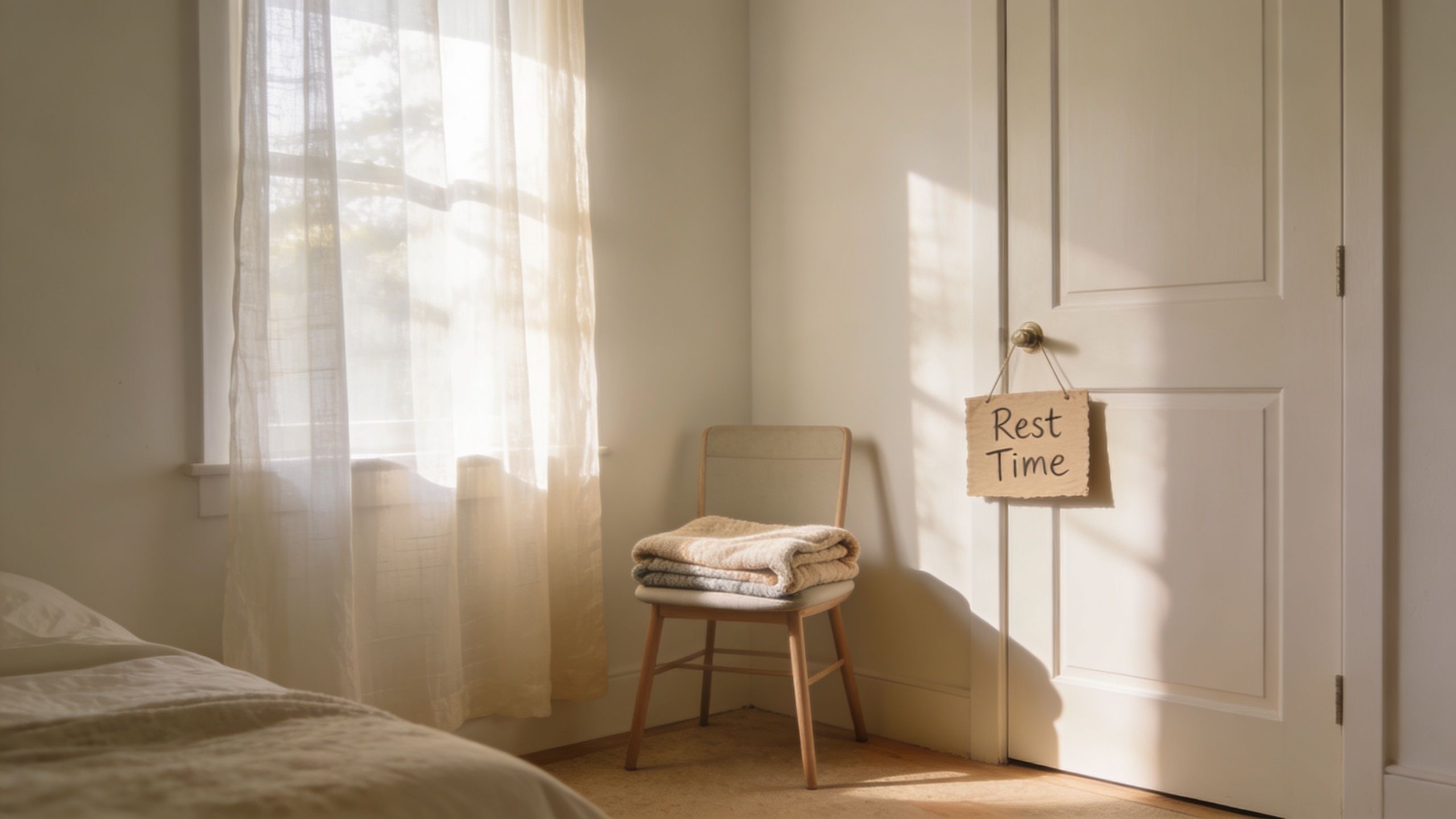 A cozy bedroom with a chair holding a folded blanket next to a door with a sign.