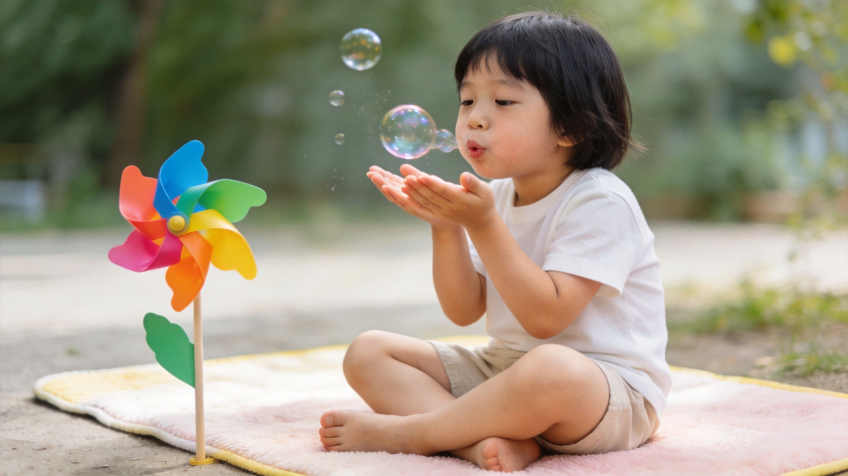 A young child in a white shirt blowing bubbles while sitting on a blanket outdoors.