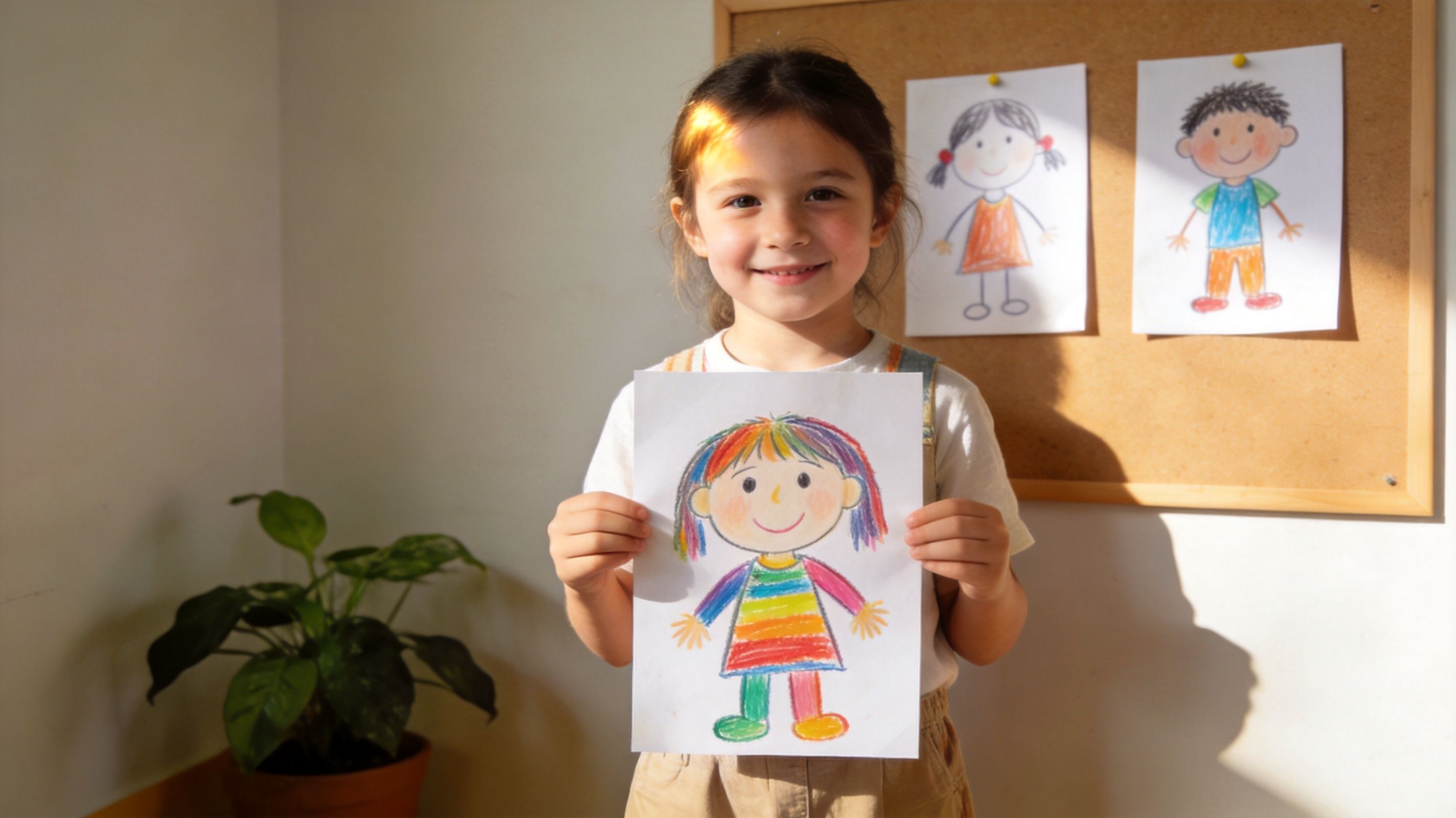 A young girl smiling while holding a colorful drawing of a person at home or school.