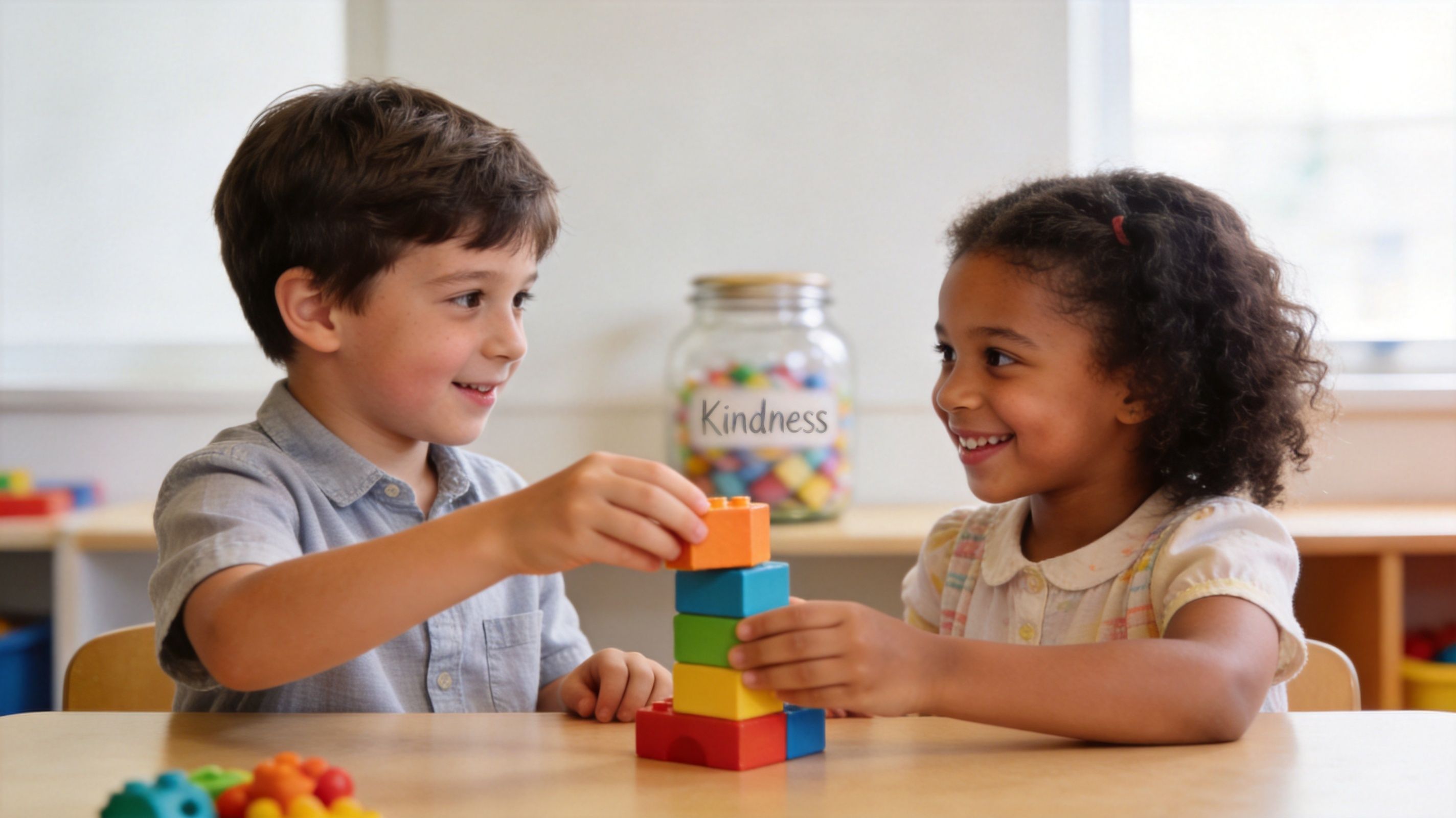 A young boy and girl sitting at a table smiling while stacking colorful plastic toy blocks together.