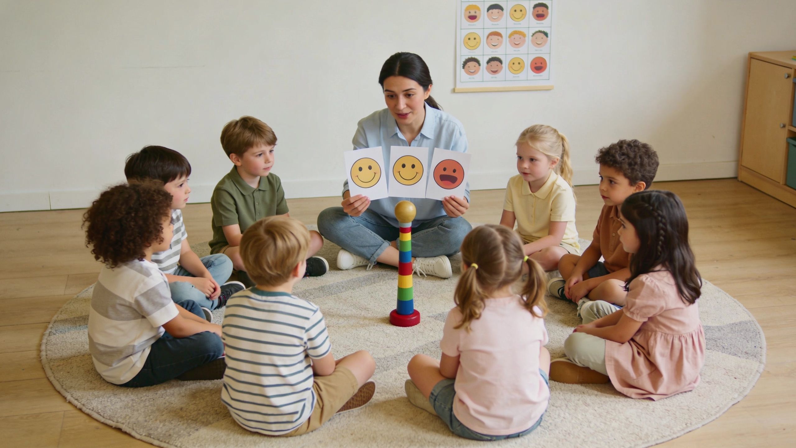 A teacher teaches emotional intelligence to a diverse group of kindergarten students in a bright classroom setting.