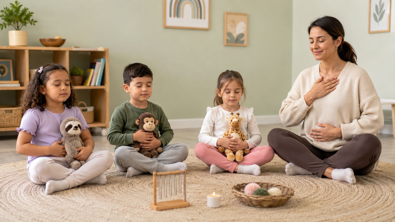 A teacher and three children sit on the floor in a circle practicing mindful breathing with plush toys.