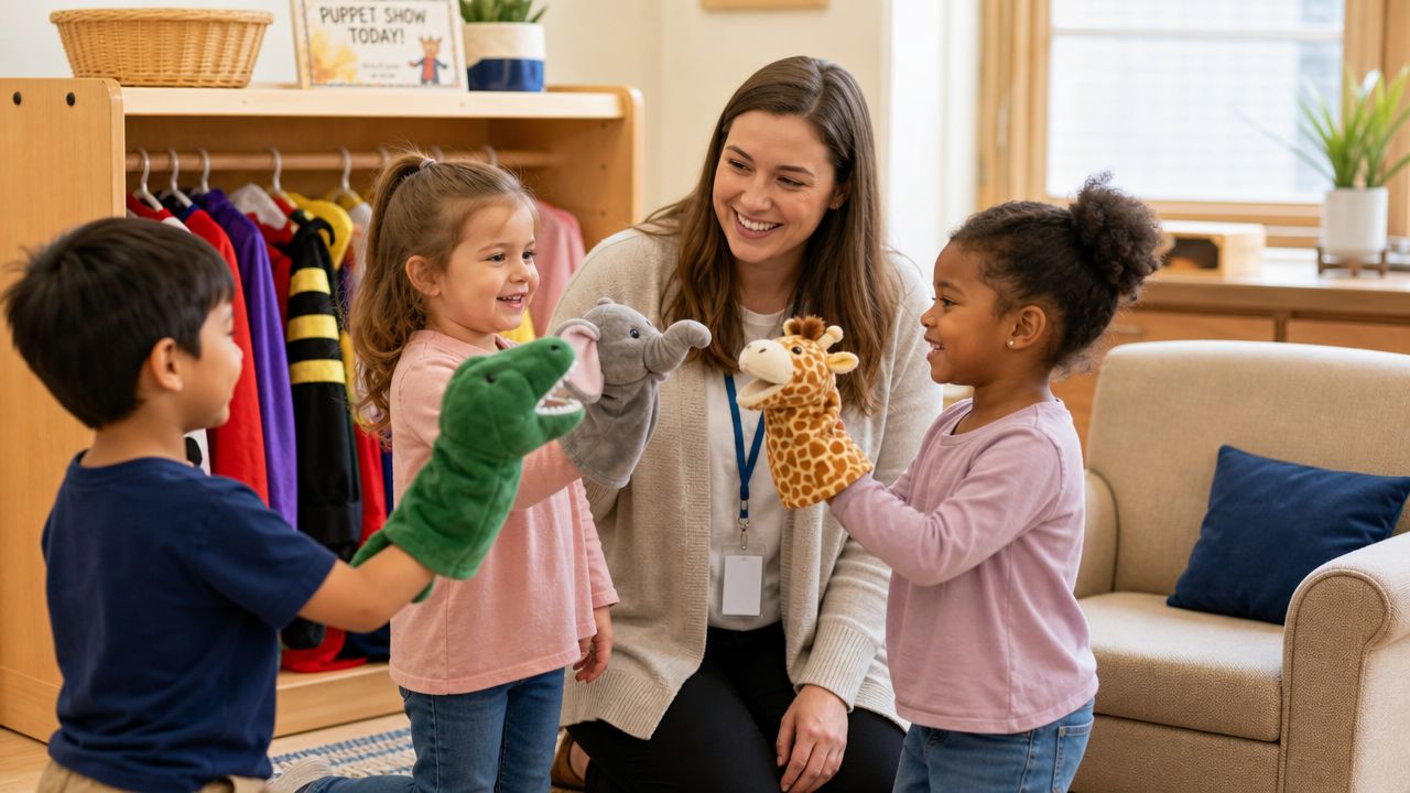 A teacher smiles as two preschool children use animal hand puppets during a social emotional learning activity.