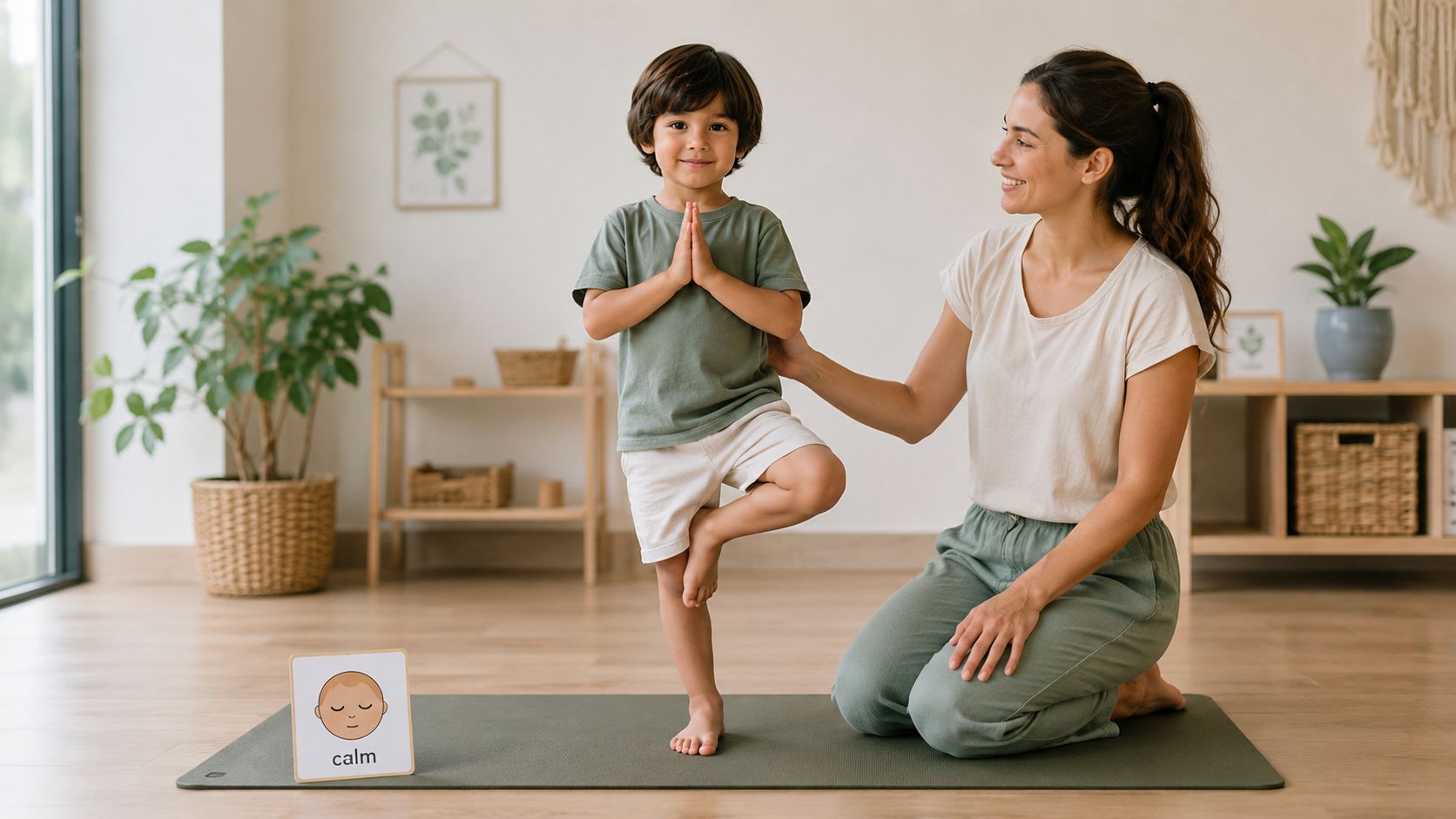 A young boy doing a yoga balance pose while his mother helps him in a bright room.