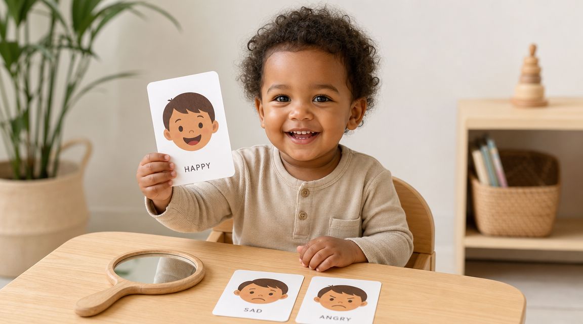A smiling toddler holding a happy expression flashcard during social emotional learning activity in a classroom.